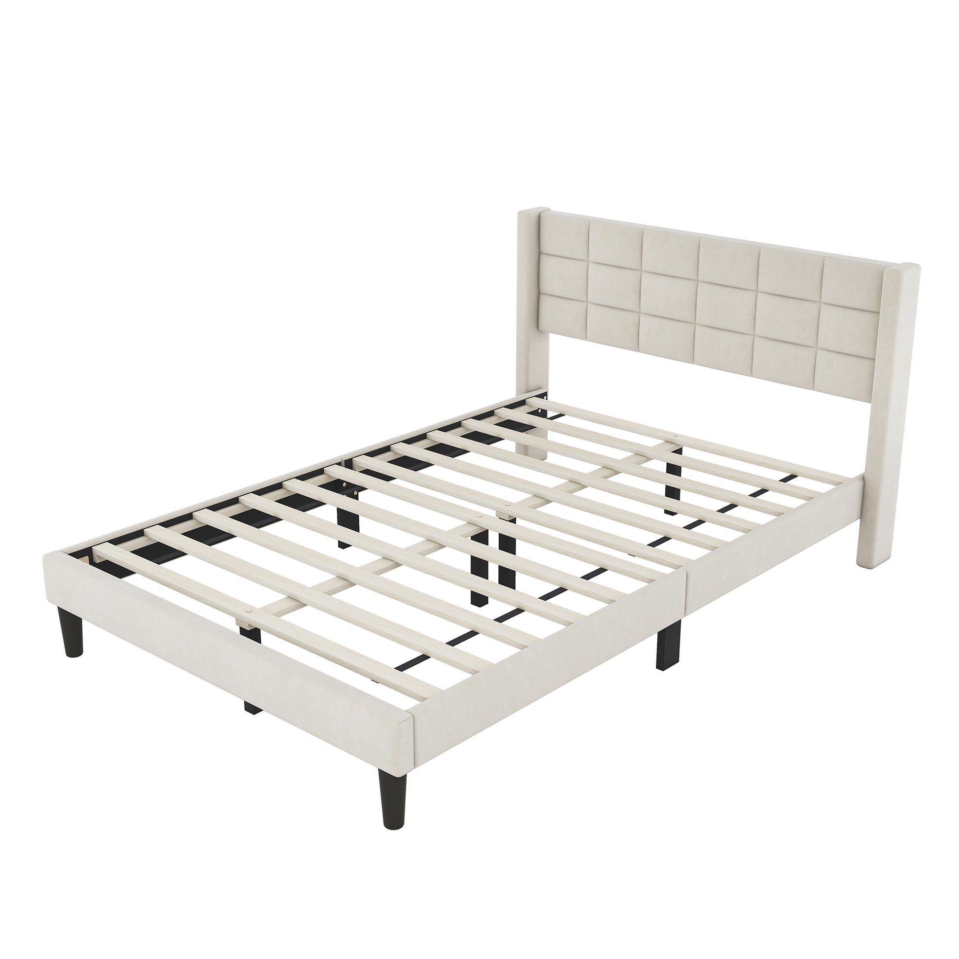 Queen Size Upholstered Platform Bed With Support Legs, Beige Box Spring Not Required Queen Beige Wood Bedroom Bed Frame Polyester Upholstered