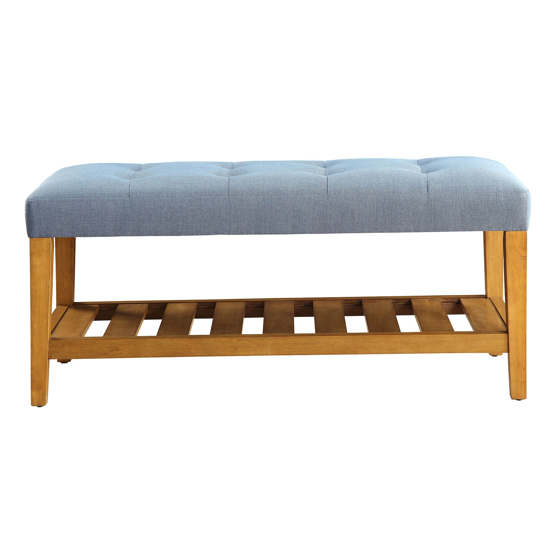 Light Blue And Oak Tufted Padded Seat Bench Light Blue Traditional Shelves Wood Fabric