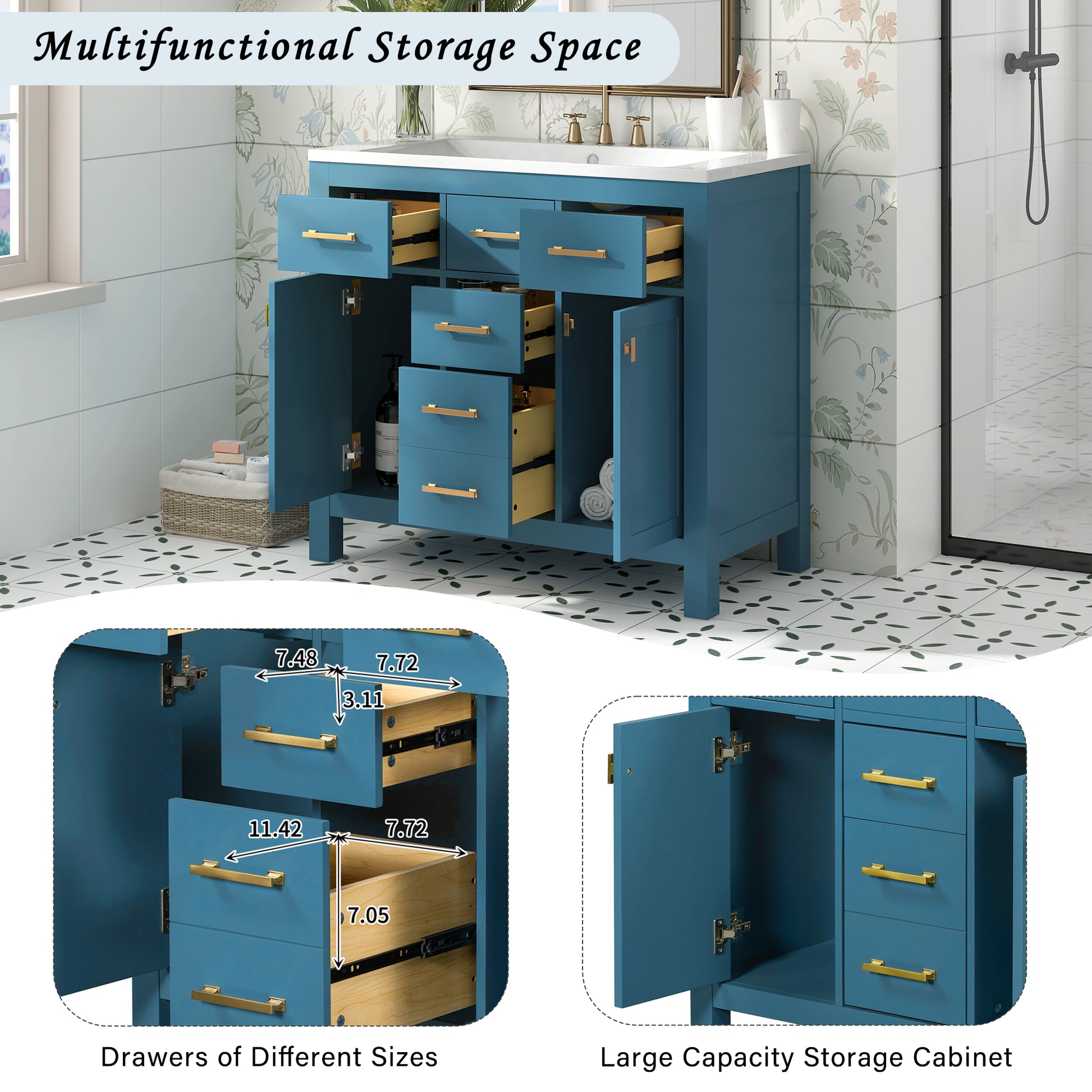 36'' Bathroon Vanity With Resin Sink Combo Set,Modern Freestanding Single Bathroom Cabinet With 4 Drawers & 2 Cabinets,Storage Cabinet For Bathroom, Solid Wood Frame Vanity Set, Blue 4 Blue 2 Adjustable Hinges Bathroom Freestanding Modern Solid Wood Mdf