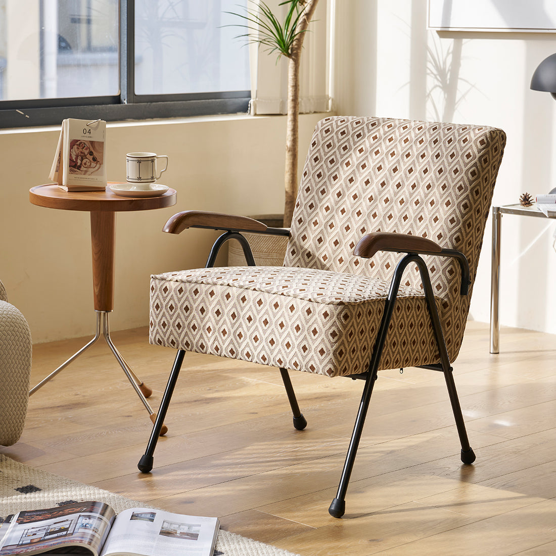 Pattern Colorful Fabric Armchair, Modern Accent Chair High Back, Living Room Chairs With Metal Legs And Soft Padded, Sofa Chairs For Home Office,Bedroom,Dining Room Cream Brown Fabric