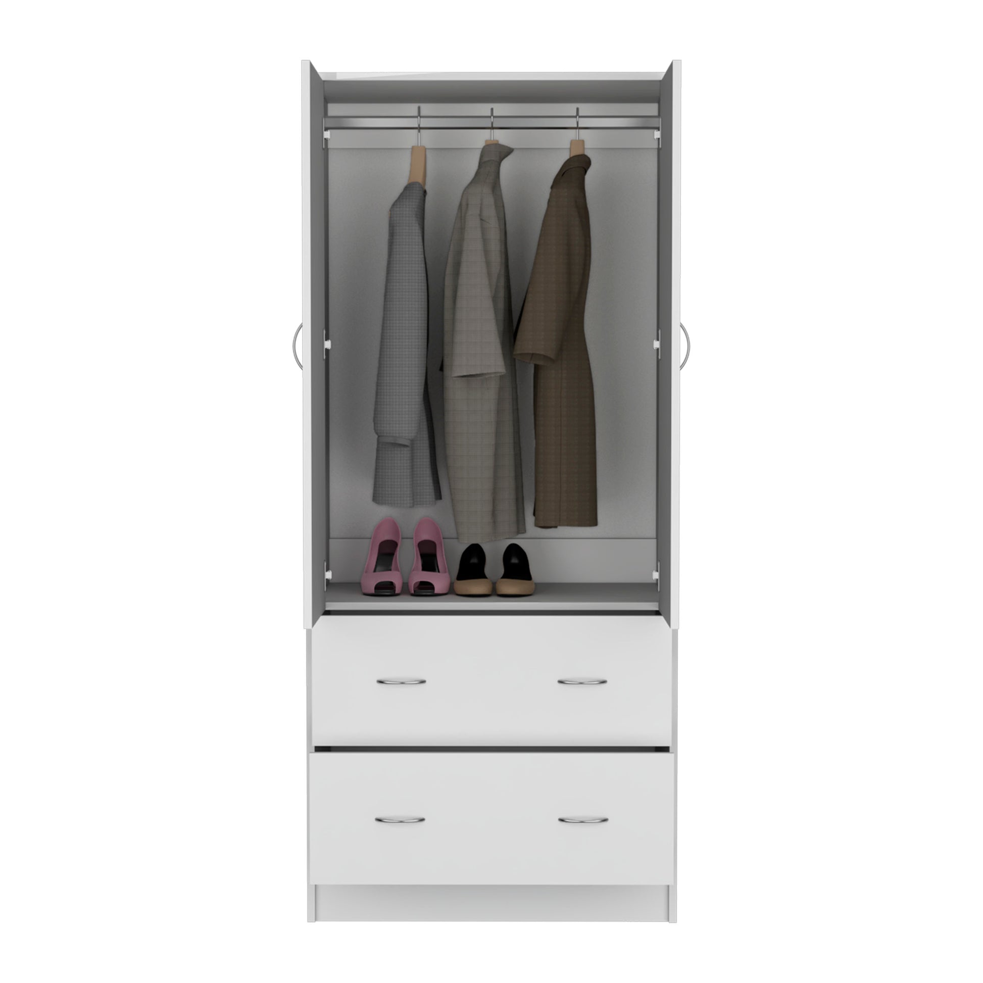 Taly Armoire With Double Doors, 2 Drawers, And Hanging Rod White White Particle Board