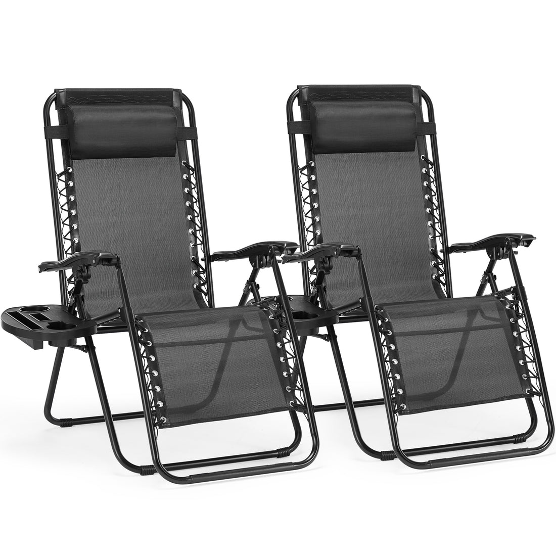 Set Of 2 Zero Cravity Lounge Chairs,Outdoor Patio Folding Recliners For Pool Beach With Pillow And Cup Holder, Black Black Stainless Steel