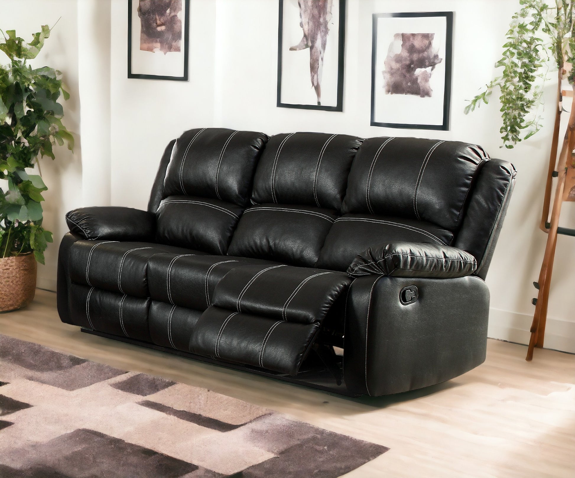 Zuriel Motion Sofa, Black Synthetic Leather Lv52285 Black Upholstered 3 Seat