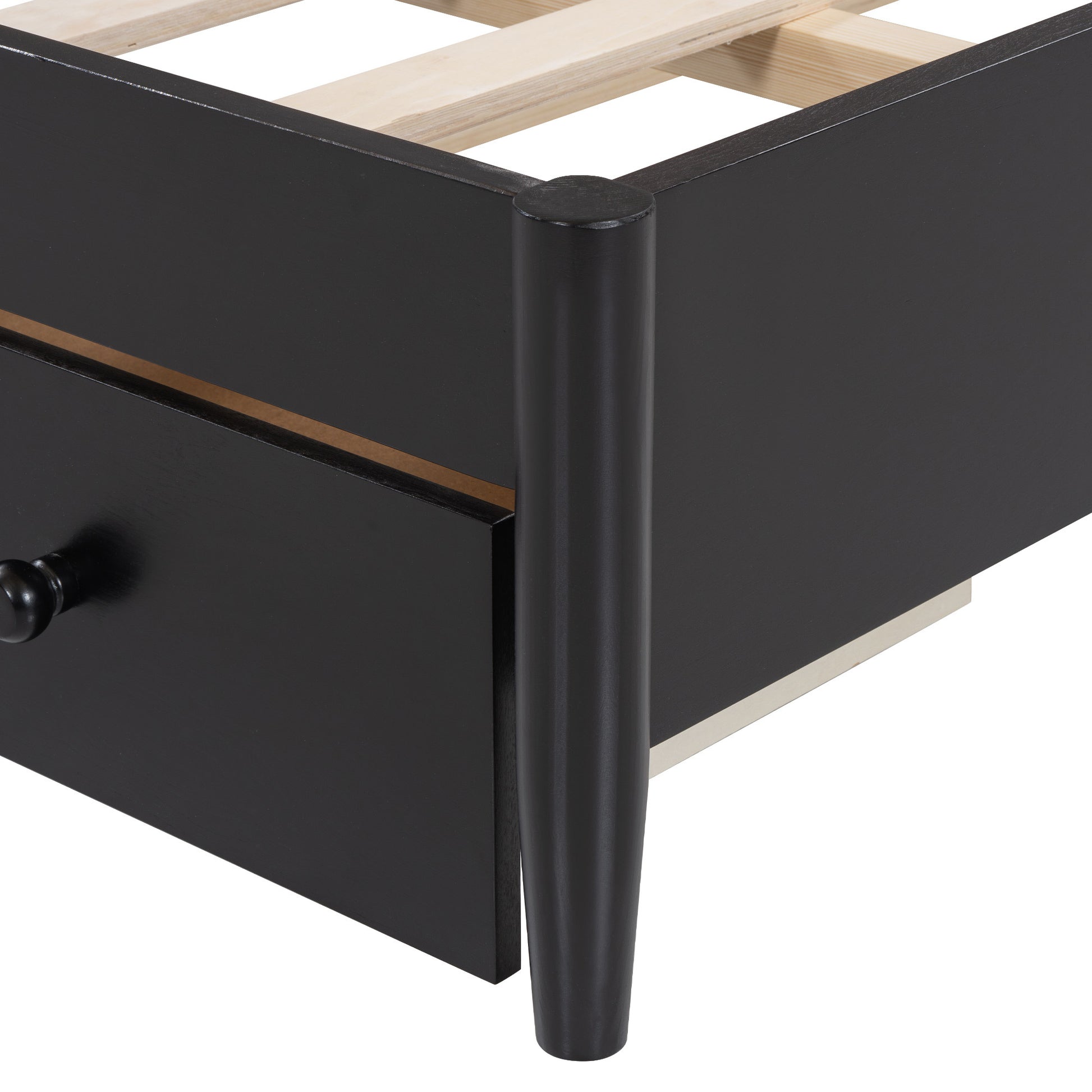 Queen Size Wooden Rattan Platform Bed, With 2 Big Drawers, T Size Trundle, Espresso Queen Espresso Plywood