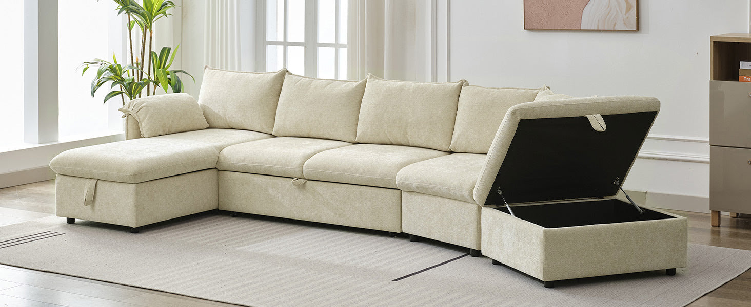 146.9" L Shaped Sofa Sectional Sofa Couch Pull Out Sofa Bed With A Movable Storage Ottoman, A Storage Chaise Lounge And Two Usb Ports For Living Room, Beige Beige Foam Linen 5 Seat