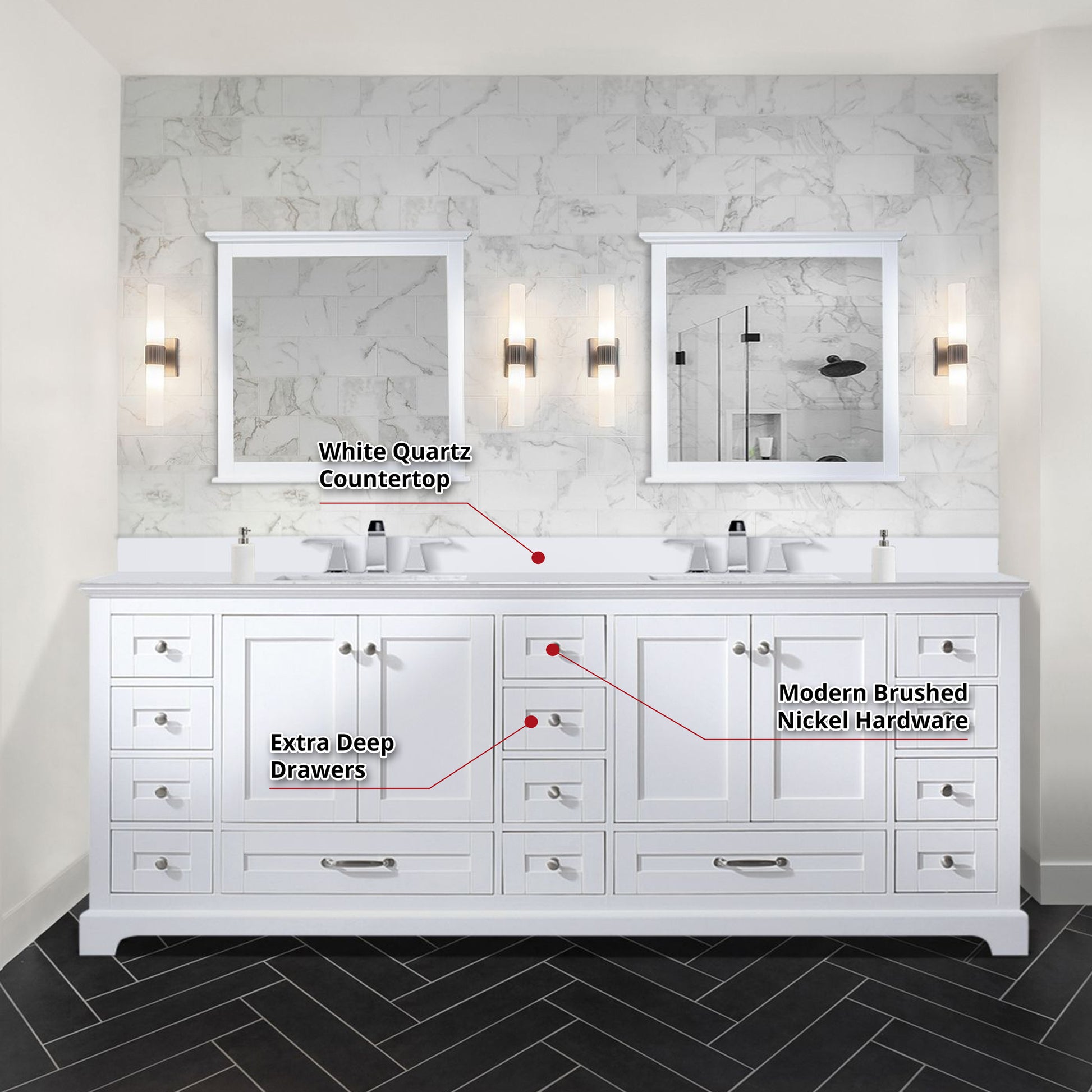 White Double Bath Vanity 84 In. W X 22 In. D, White Quartz Top, And Faucet Set White Plywood Wood
