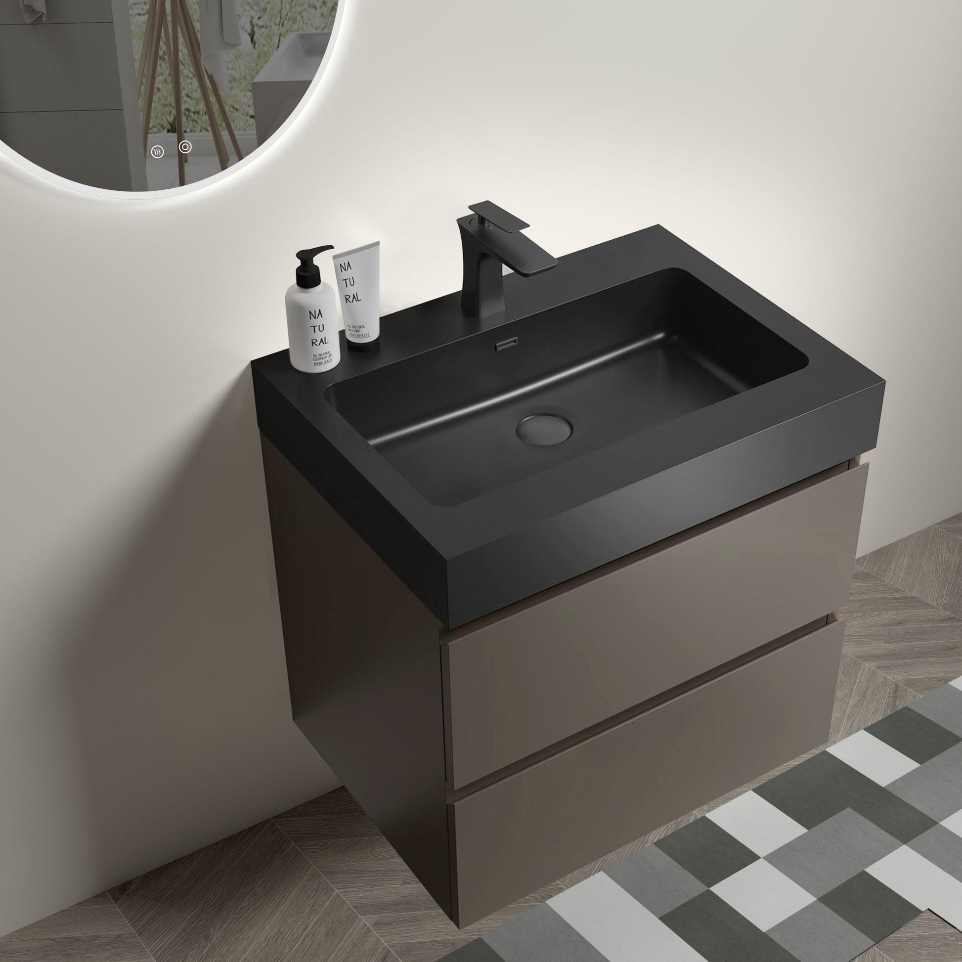 Alice 24" Gray Bathroom Vanity With Sink, Large Storage Wall Mounted Floating Bathroom Vanity For Modern Bathroom, One Piece Black Sink Basin Without Drain And Faucet, Pre Assembled Black Gray Melamine