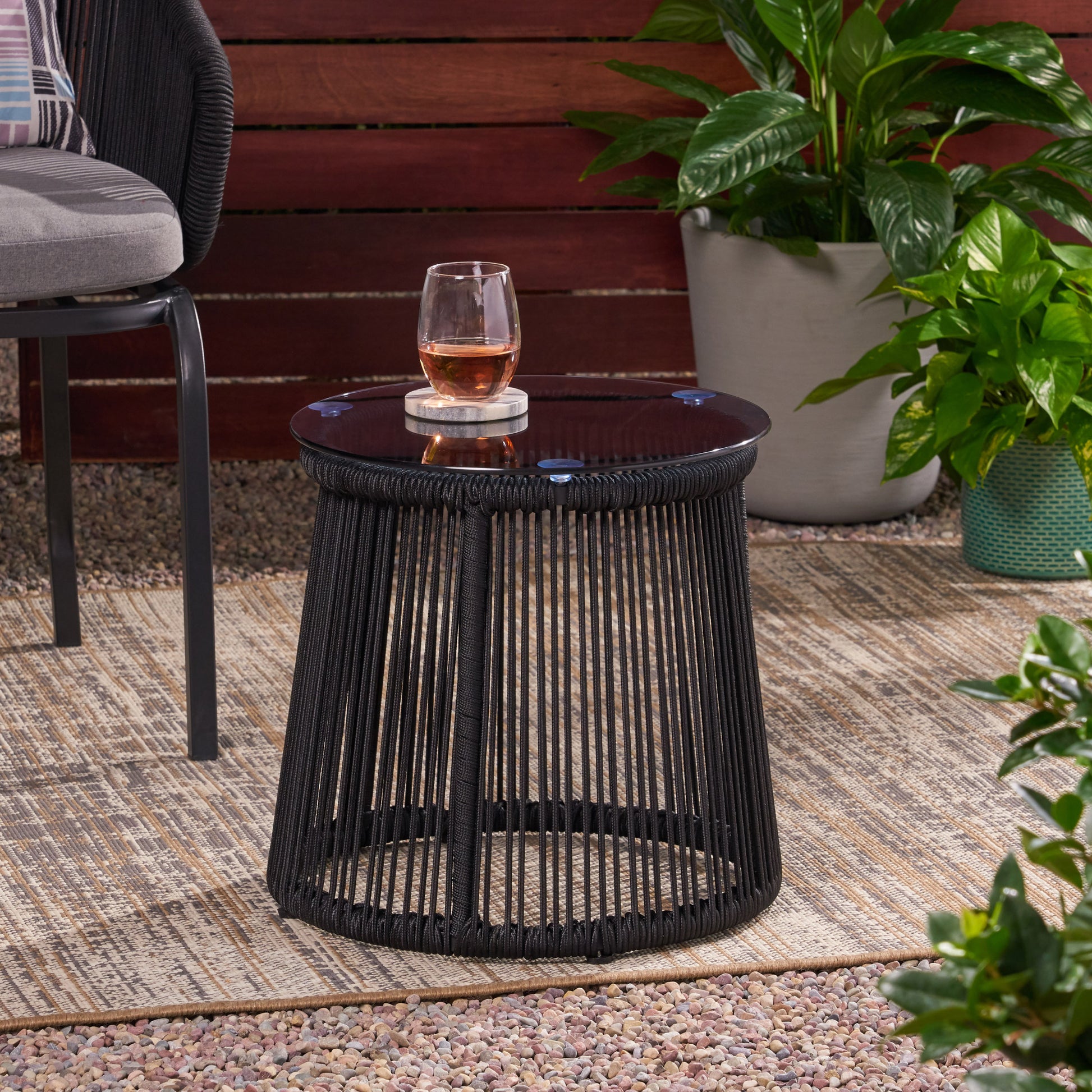 Moonstone Side Table Black Woven Rope