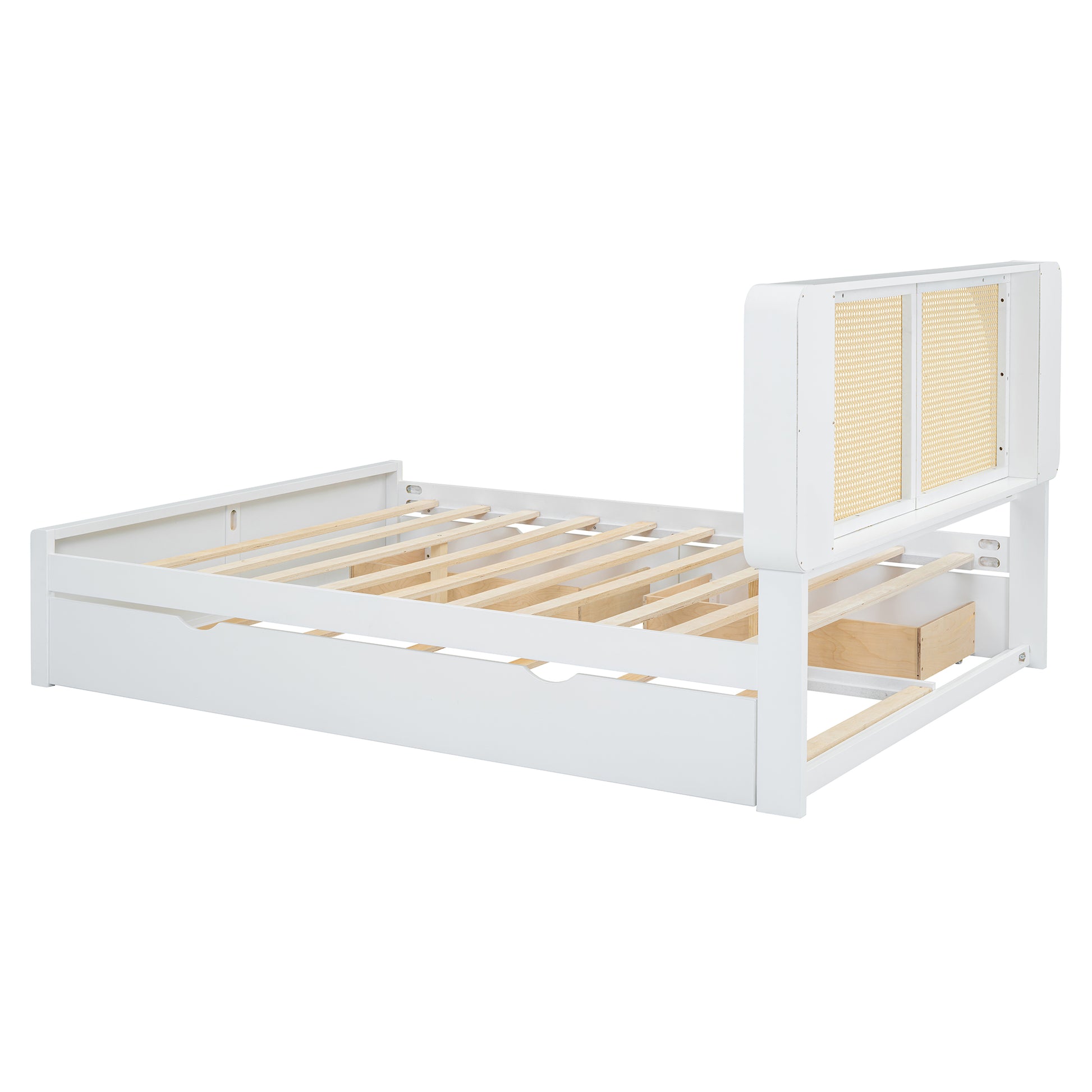 Queen Size Rattan Headboard Bed With Two Drawers And Trundle, White Queen White Solid Wood Mdf