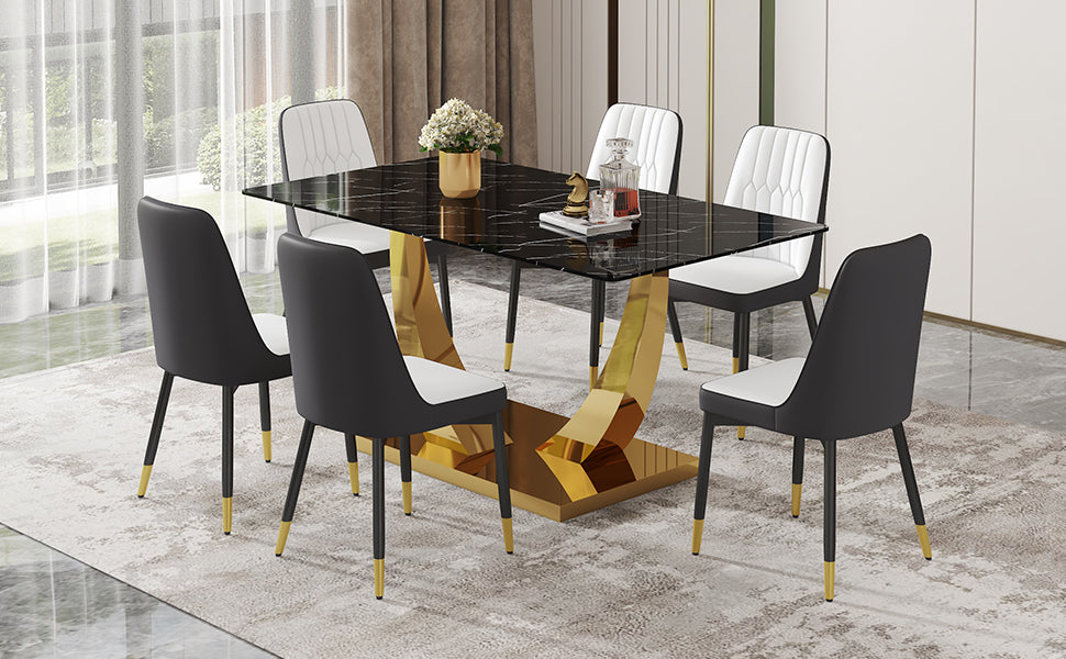 Table And Chair Set.Modern Rectangular Dining Table With Black Textured Stickers Glass Tabletop And Gold Plated Metal Legs.Paried With 6 Comfortable Chairs With Pu Seats And Black Metal Legs. Black Gold,White,White Gray Seats 6 Glass Metal