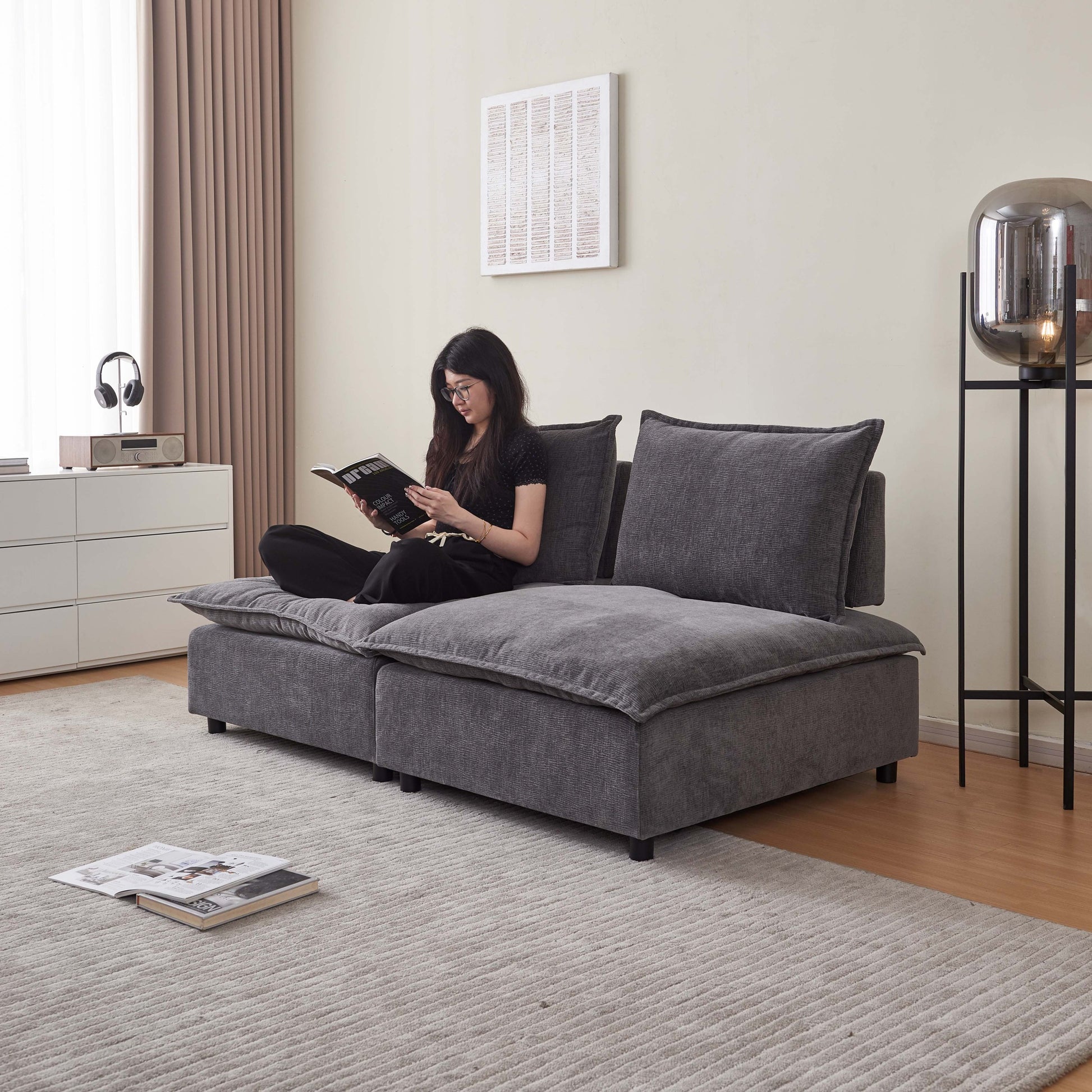 Modern Armless Accent Chair, Single Sofa Couch With Ottoman Compact Design, Space Saving Seating For Living Room, Bedroom, Apartment, Office Gray Wood Medium Soft Foam Chenille 1 Seat