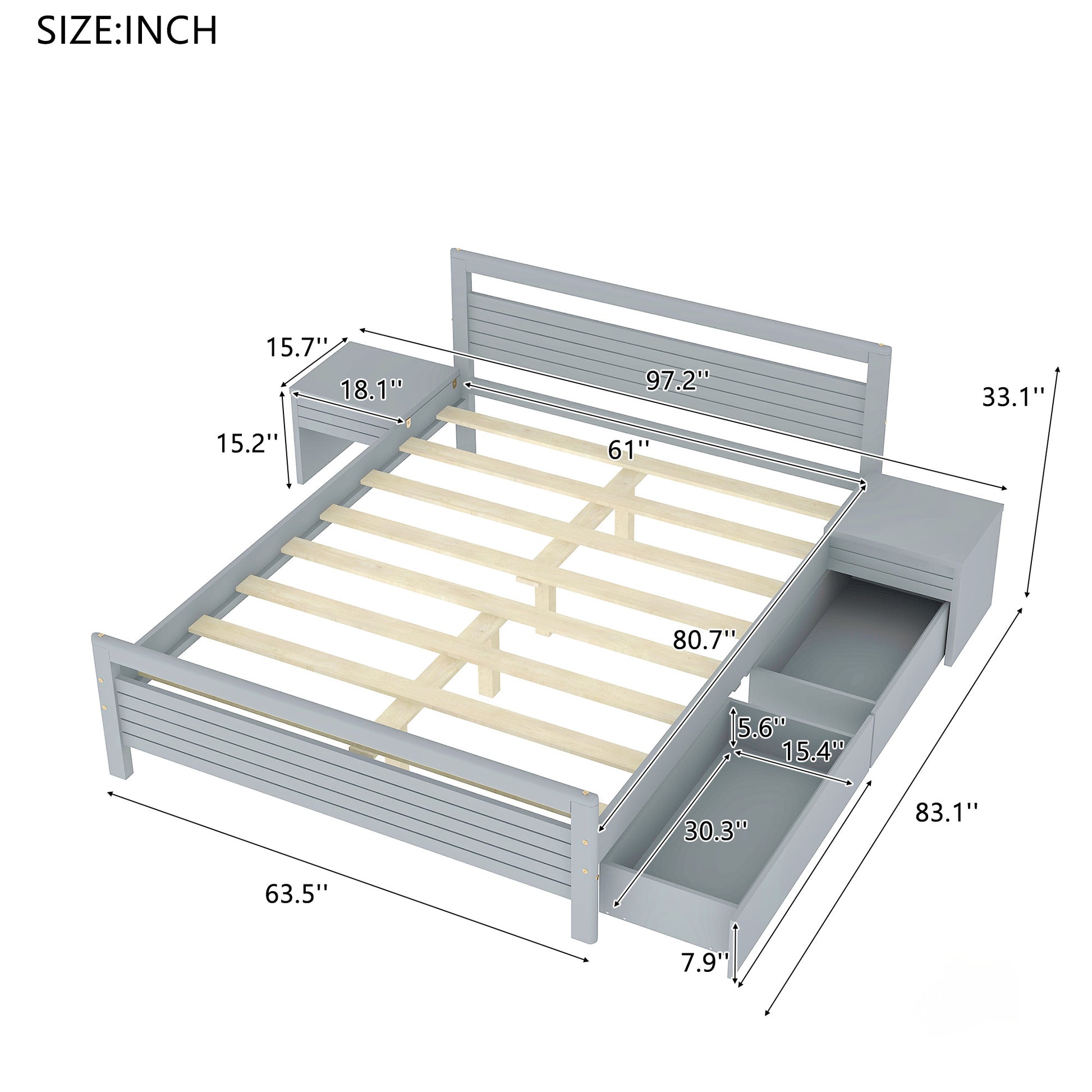 Queen Size Wooden Platform Bed With 2 Storage Drawers And 2 Bedside Tables, Gray Queen Gray Pine