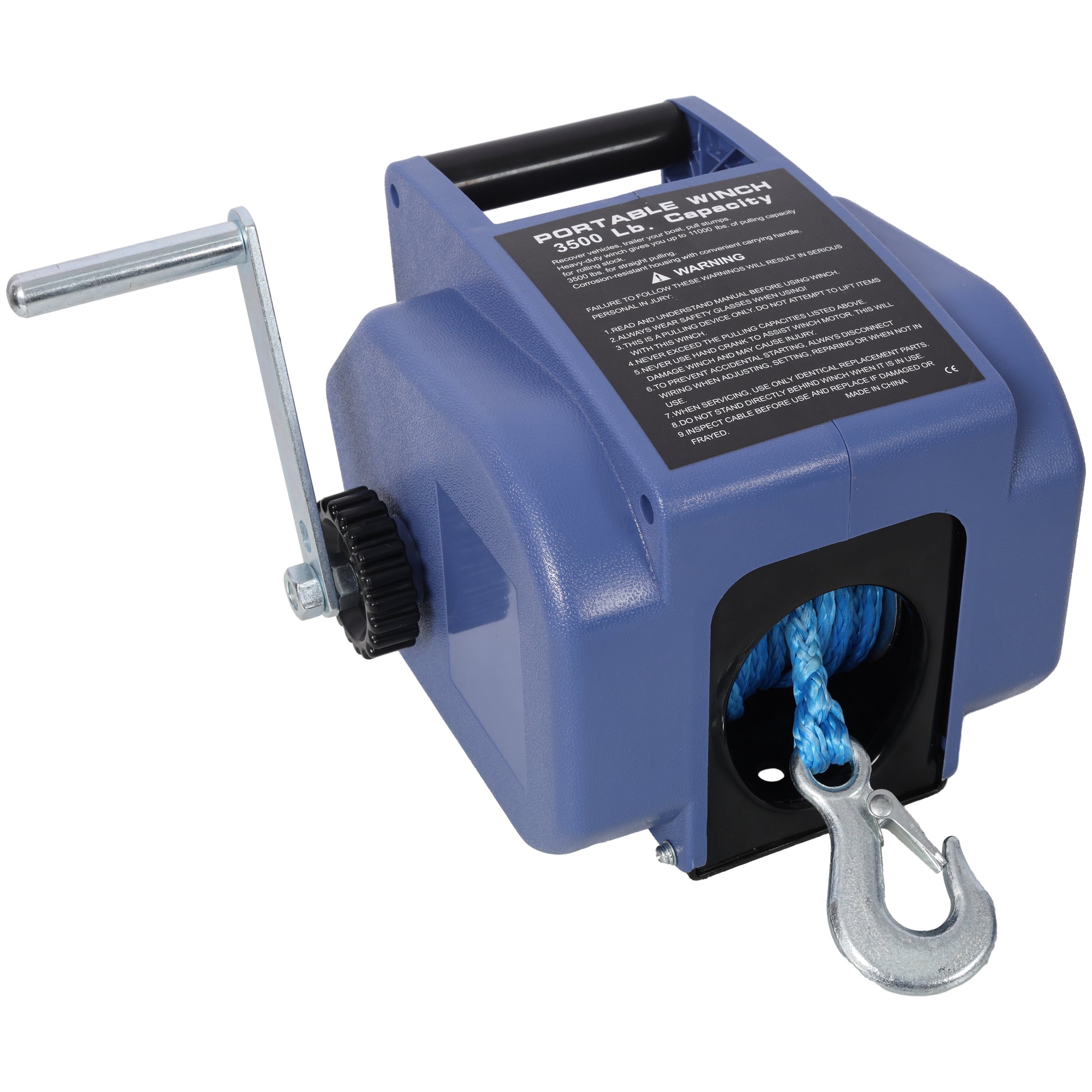 12V Trailer Winch,Reversible Electric Winch, For Boats Up To 6000 Lbs.,With Synthetic Rope,With Extra Pulley Hook,Power In And Power Out,With Manual Function.Blue Plastic Casing Blue Plastic