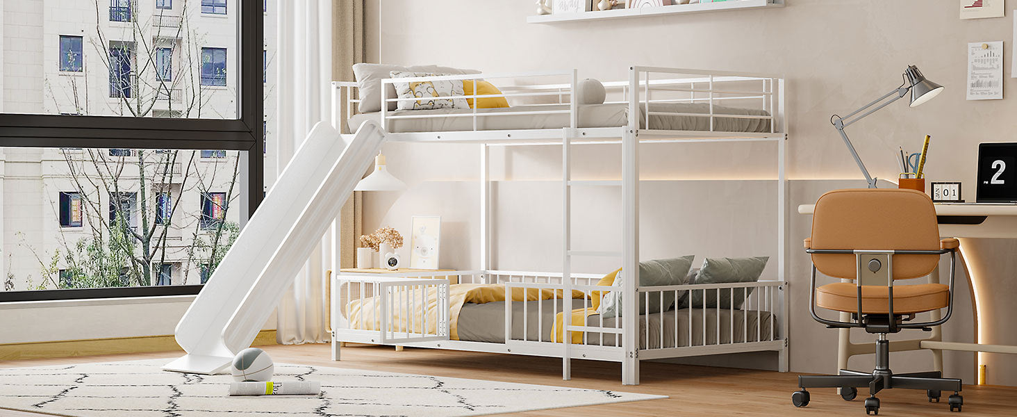 Twin Over Twin Size Metal Bunk Bed With Slide And Guardrails, White Twin White Metal