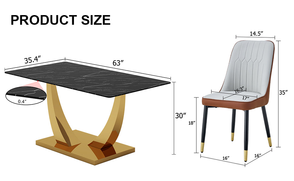 Table And Chair Set.Modern Rectangular Dining Table With Black Textured Stickers Glass Tabletop And Gold Plated Metal Legs.Paried With 6 Comfortable Chairs With Pu Seats And Black Metal Legs. Black Gold,Brown,Light Gray Seats 6 Glass Metal