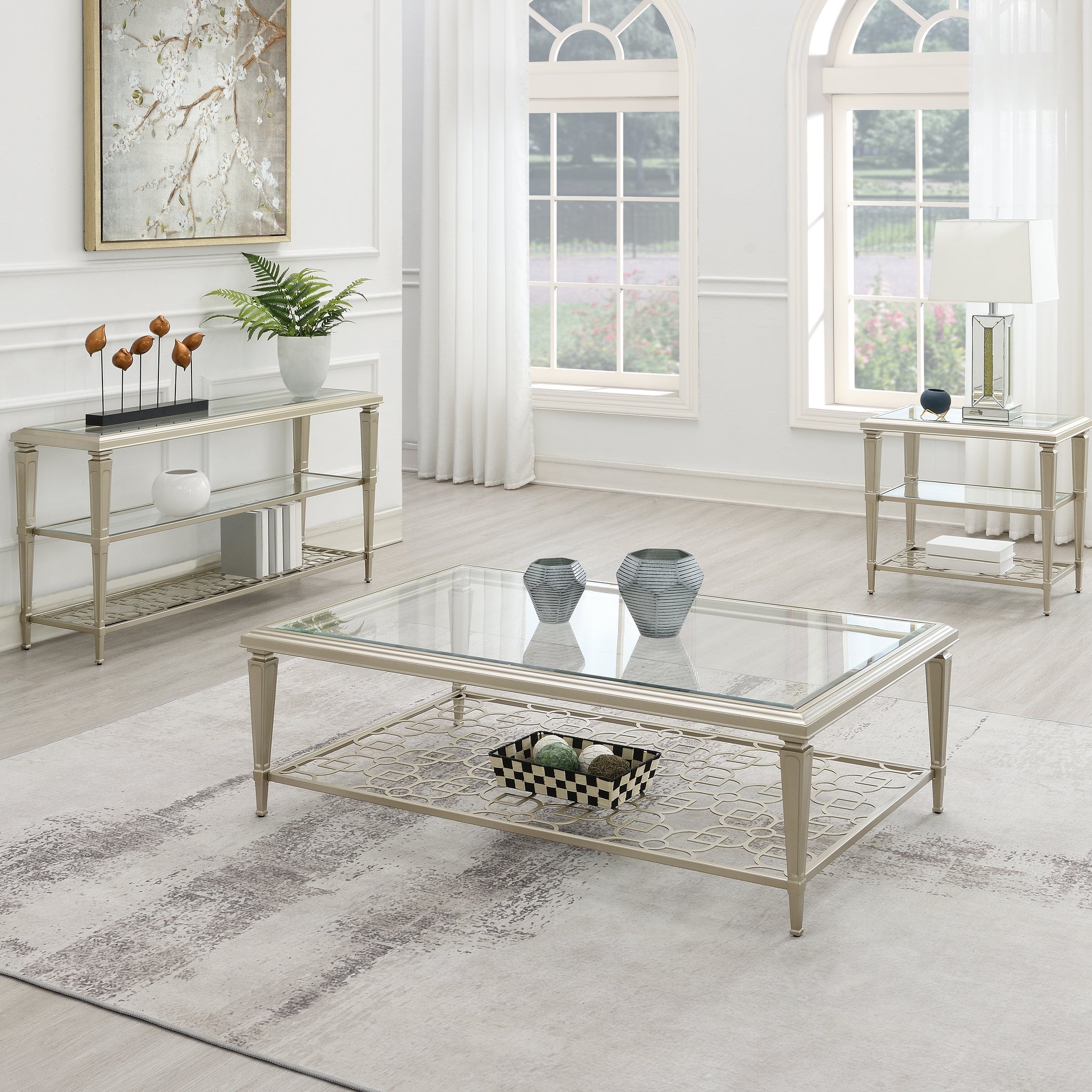 Zaba Sofa Table, Glass & Champagne Finish Lv02787 Champagne Glass Metal