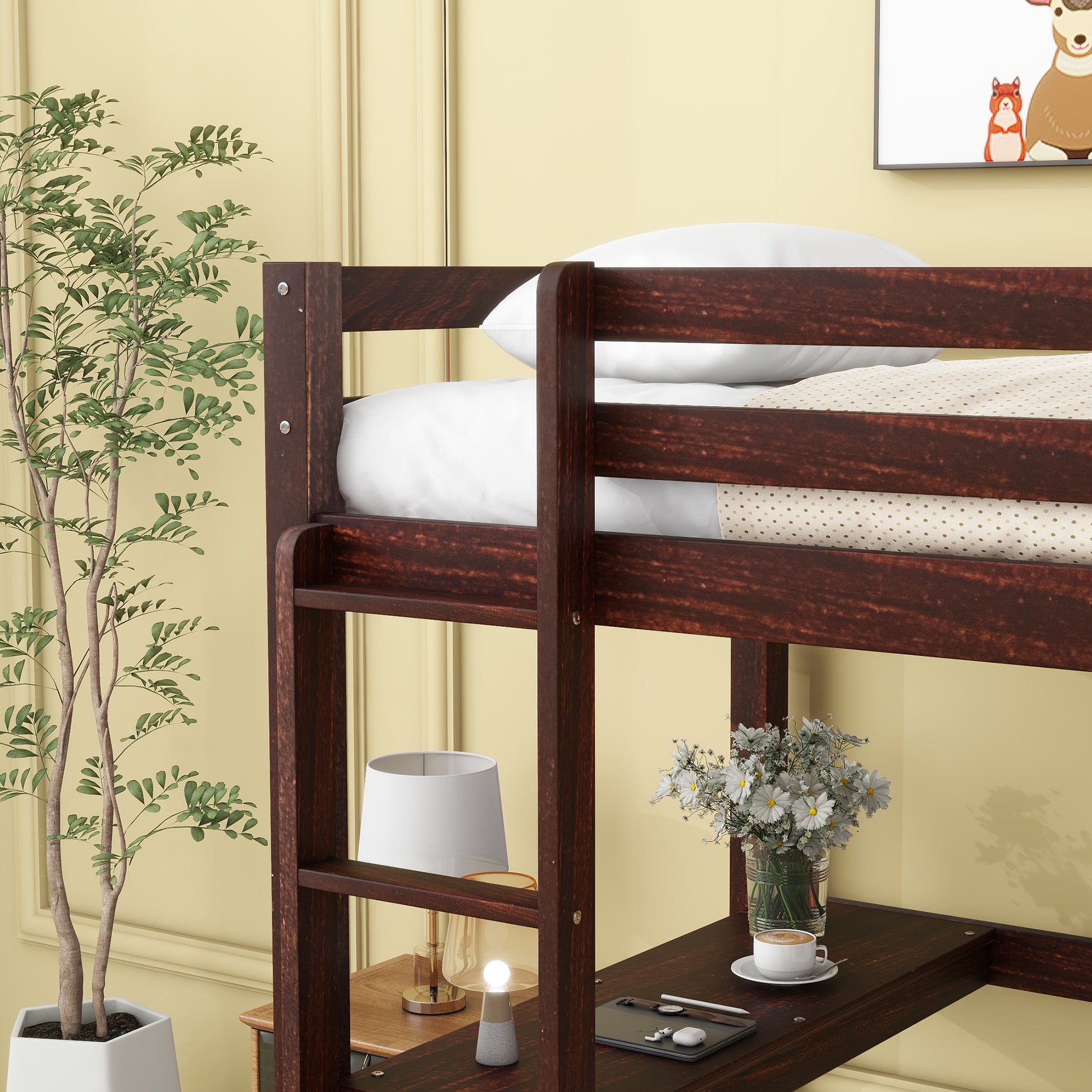 Twin Loft Pine Wood Bed With Built In Desk, Safety Guardrails, Ladder,Espresso Twin Espresso Pine