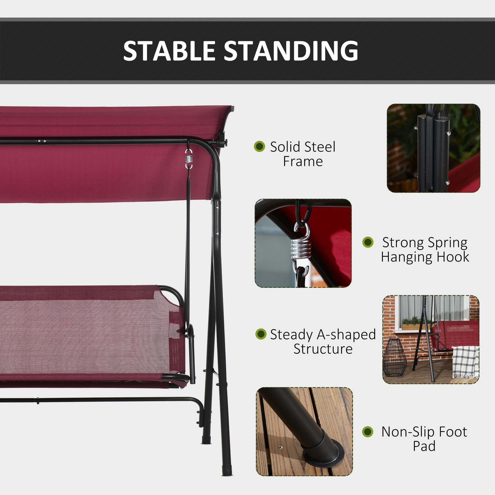 Outsunny 3 Person Porch Swing Bench With Stand & Adjustable Canopy, Armrests, Steel Frame For Outdoor, Garden, Patio, Porch & Poolside, Wine Red Red Steel