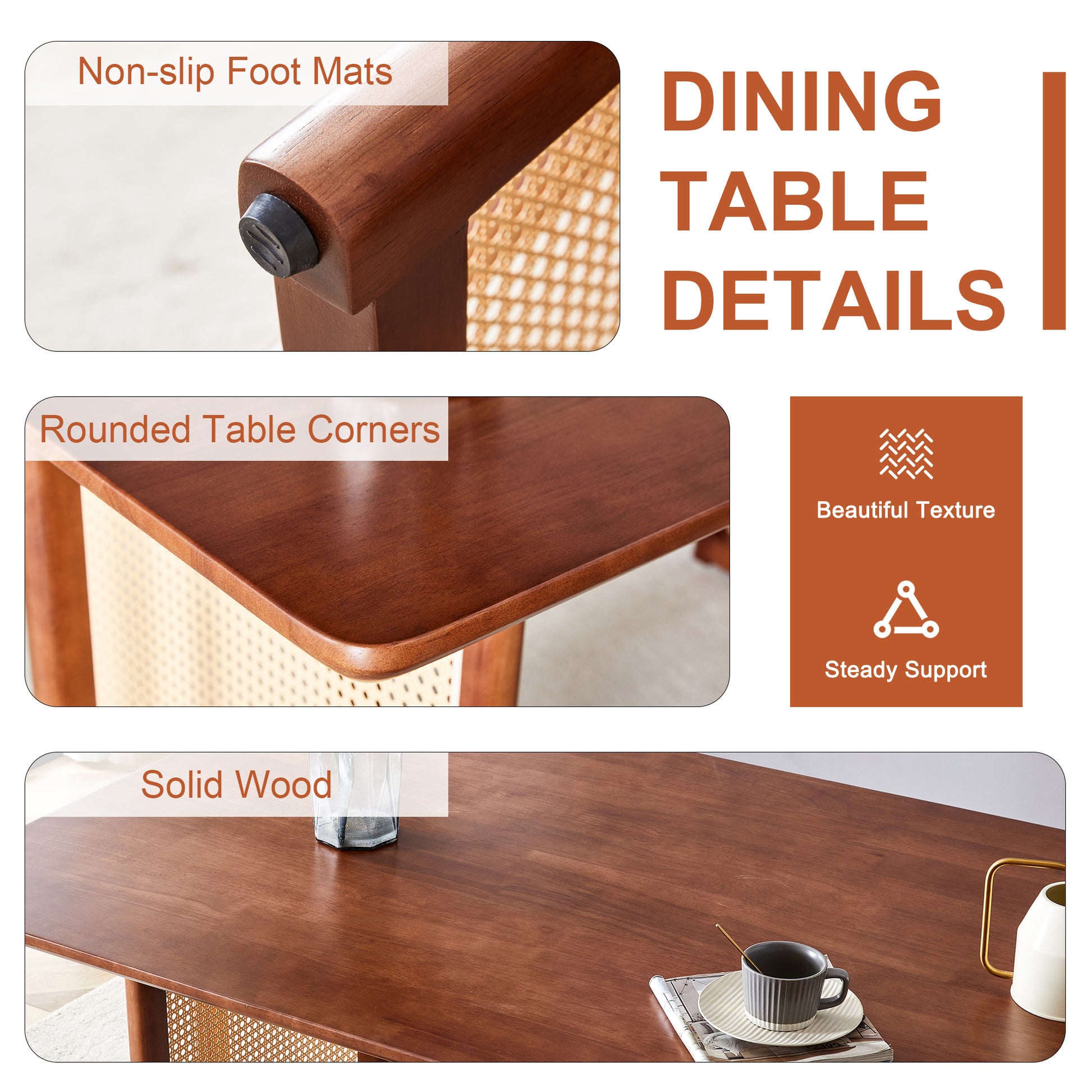 Table And Chair Set, Ancient Style Solid Wood Dining Table, Imitation Rattan Table Legs, Beautiful Simple Solid Wood Dining Chair, Perfect For Dinner, Meetings, Home And Office Decoration Walnut Rubber Wood
