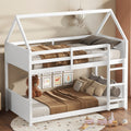 Twin Over Twin House Floor Bunk Bed With Headboards, Footboards And Guardrails, Ladder, Rubber Wood Bunk Bed With Safety Guardrails,White Twin White Rubber Wood