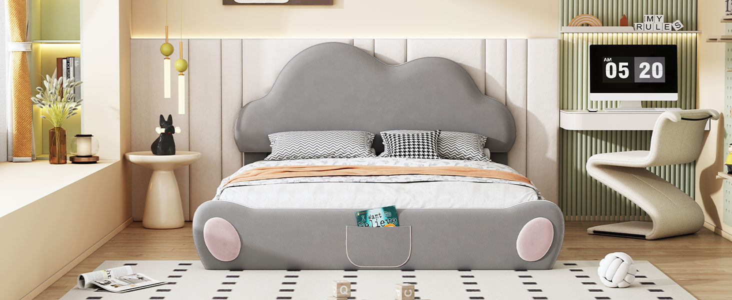 Queen Size Cloud Shaped Headboard Upholstered Platform Bed With Rounded Footboard And Pocket, Gray Queen Gray Velvet