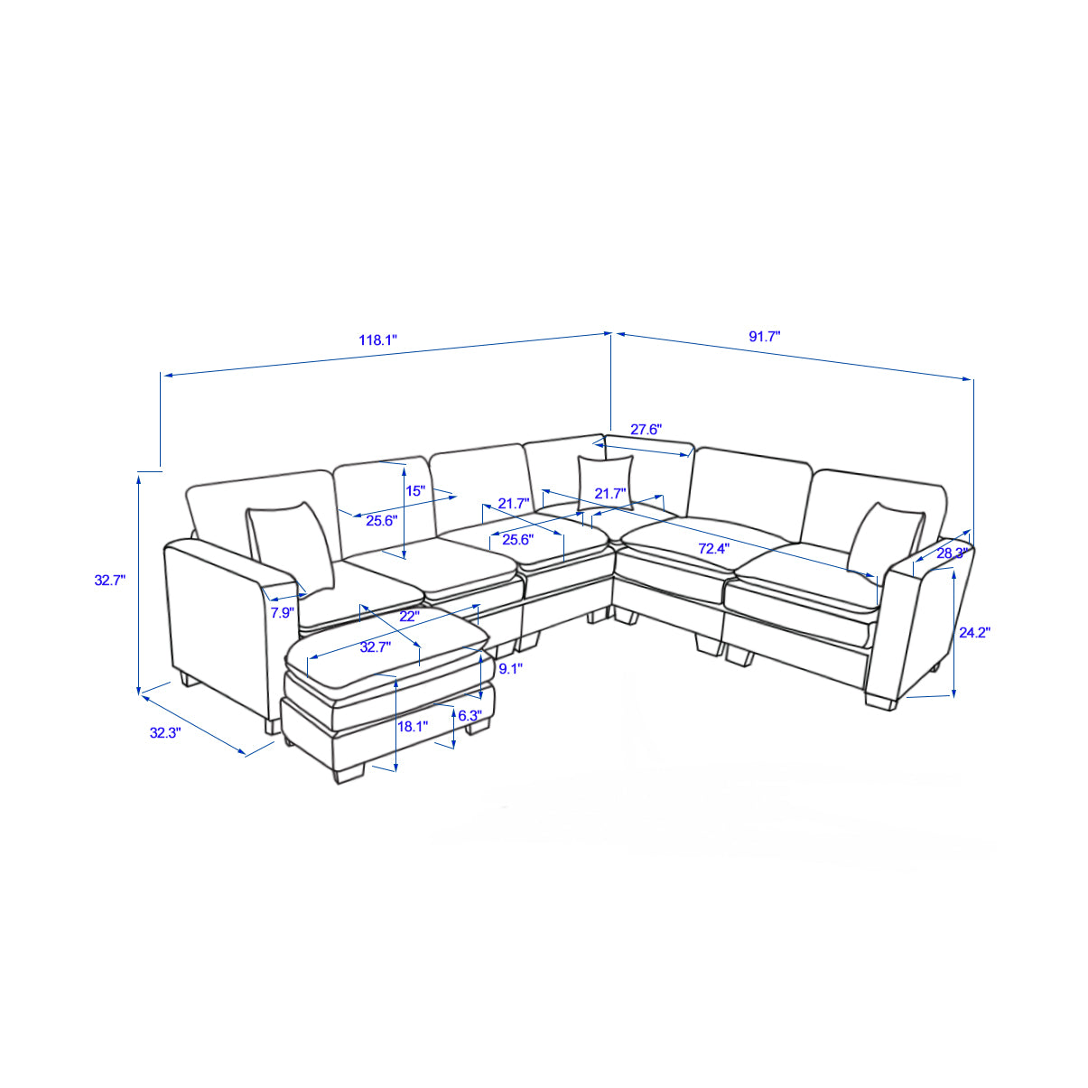 Modern U Shaped 6 Seat Sectional Sofa Couch With One Ottoman And Three Toss Pillows ,Modular Sofa For Living Room,Corduroy Sofa White Corduroy 7 Seat