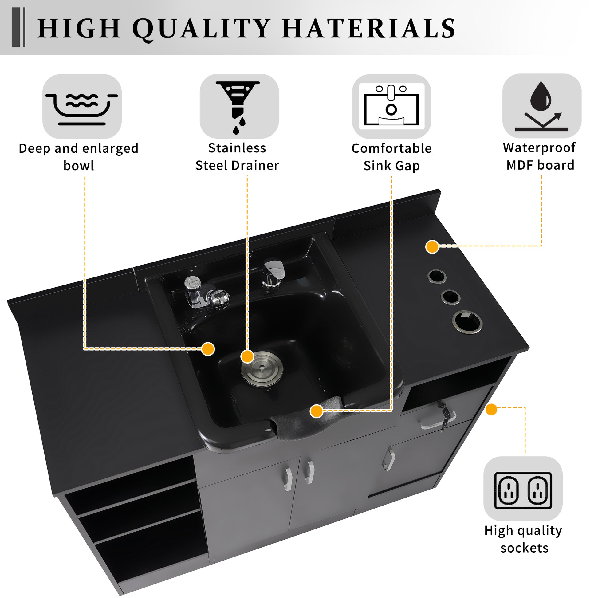 Shampoo Backwash Station For Salons,Salon Station With Shampoo Bowl & Storage Layer, Drawer,10V Outlets, Usb Port, Faucet Sprayer, Salon Equipment For Spa Beauty Black Classic,Modern Abs Steel Q235