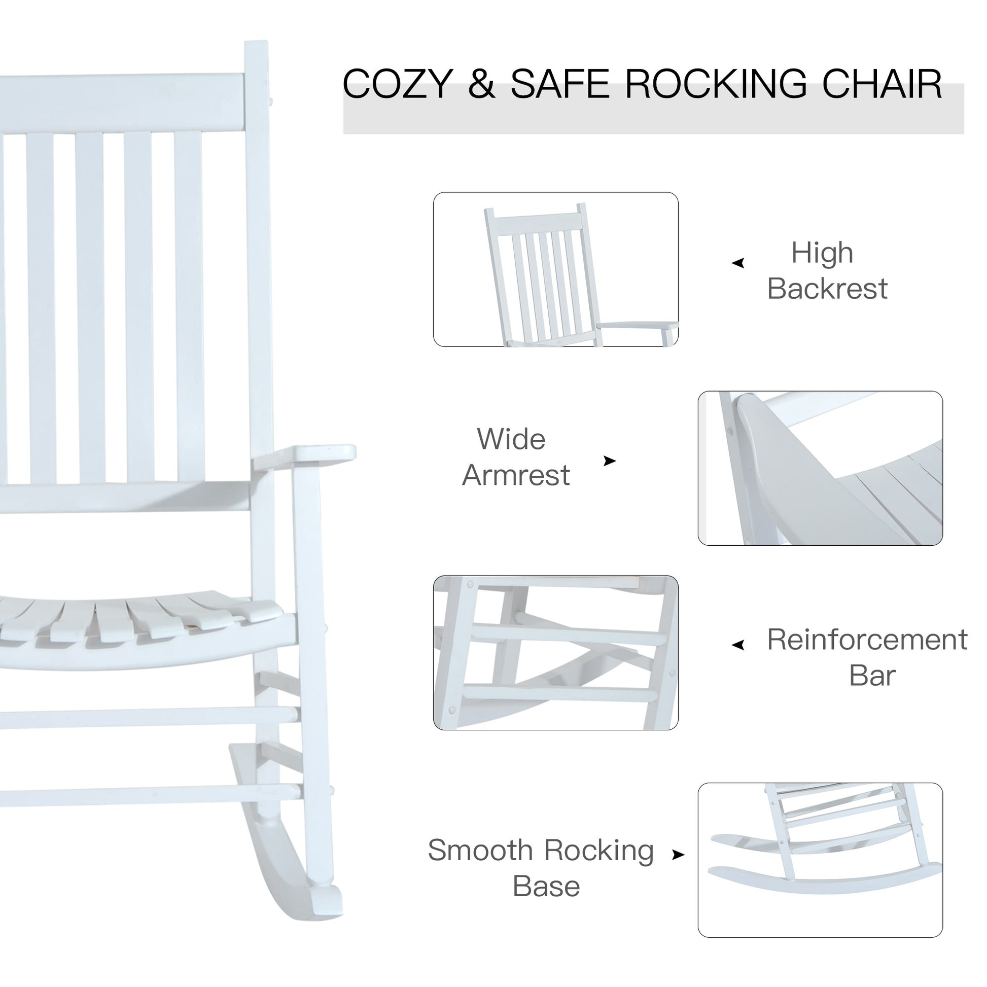 Outsunny Outdoor Rocking Chair, Patio Wooden Rocking Chair With Smooth Armrests, High Back For Garden, Balcony, Porch, Supports Up To 352 Lbs., White White Wood