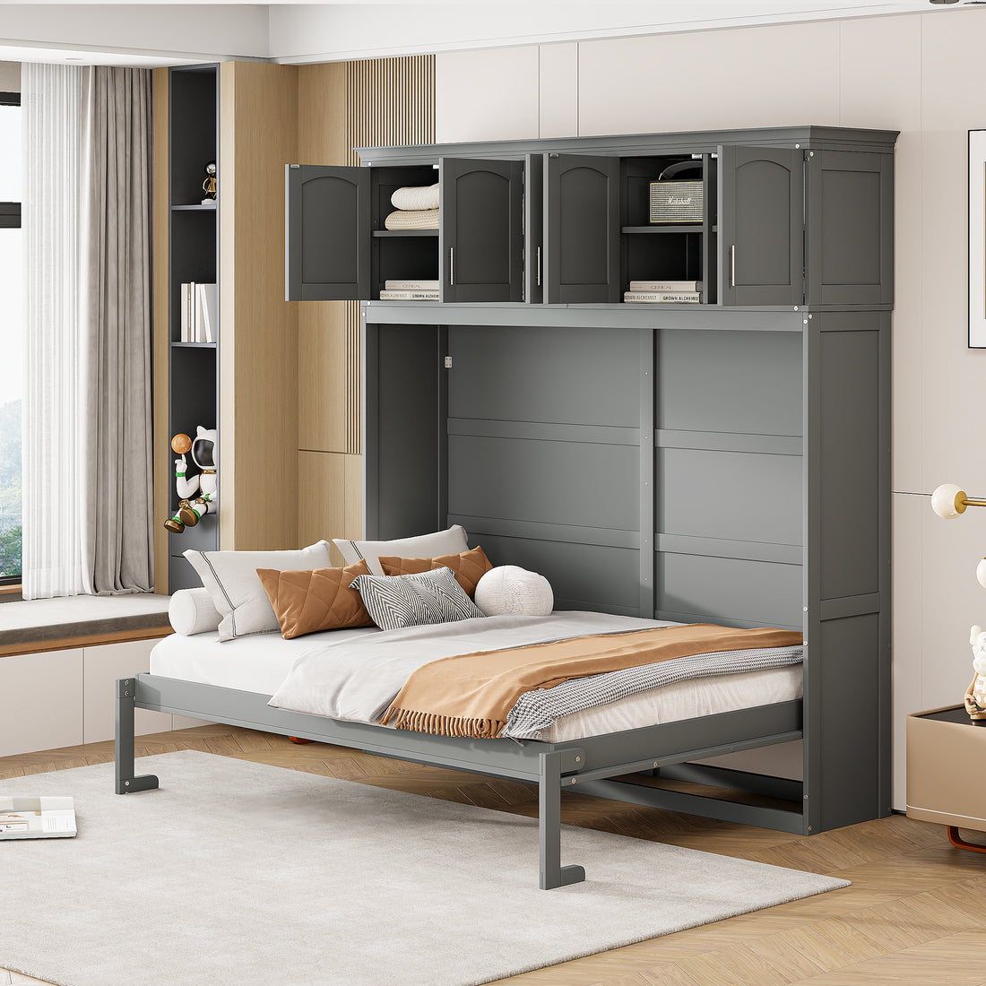 Full Size Murphy Bed Wall Bed With Top Cabinets,Gray Full Gray Plywood