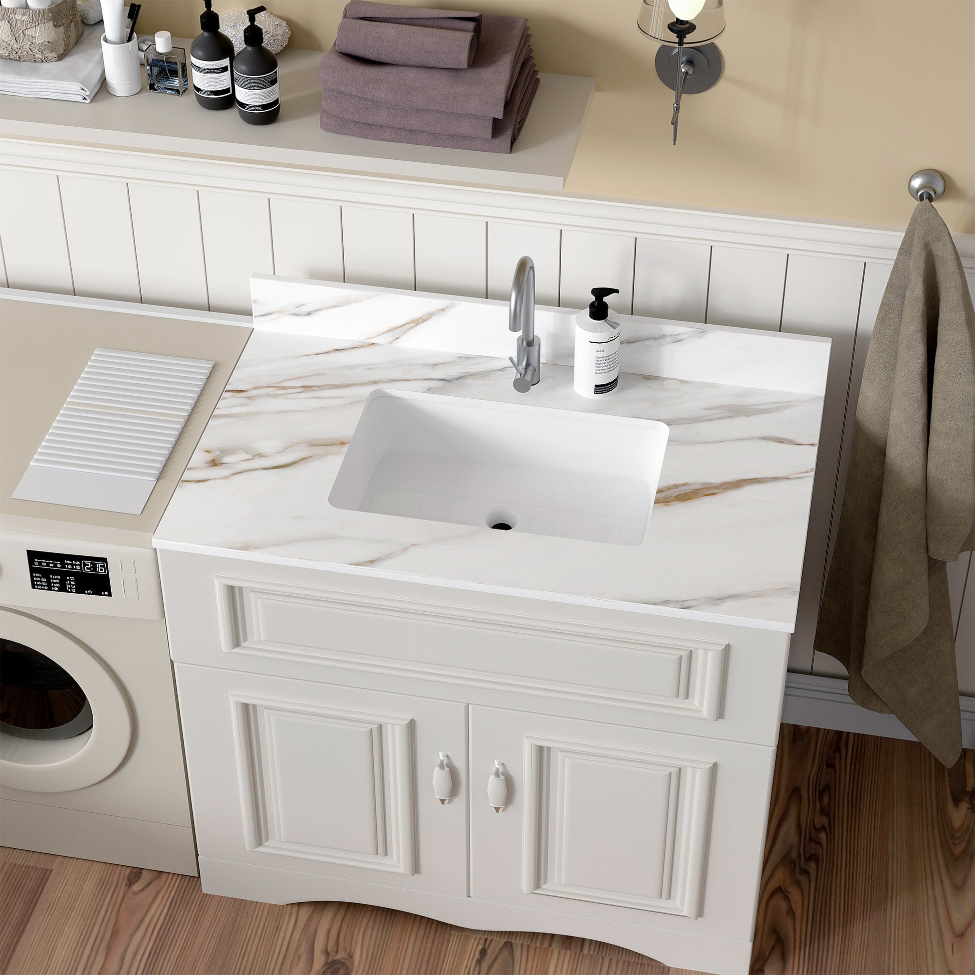 37 Inch Marble Vanity Top, Bathroom Vanity Top With Undermount Rectangular Middle Sink And 4" Height Backsplash, Pre Drilled Faucet Hole Vanity Top, Carrara White With Veins White Marble Bathroom American Design,American Traditional Sintered Stone