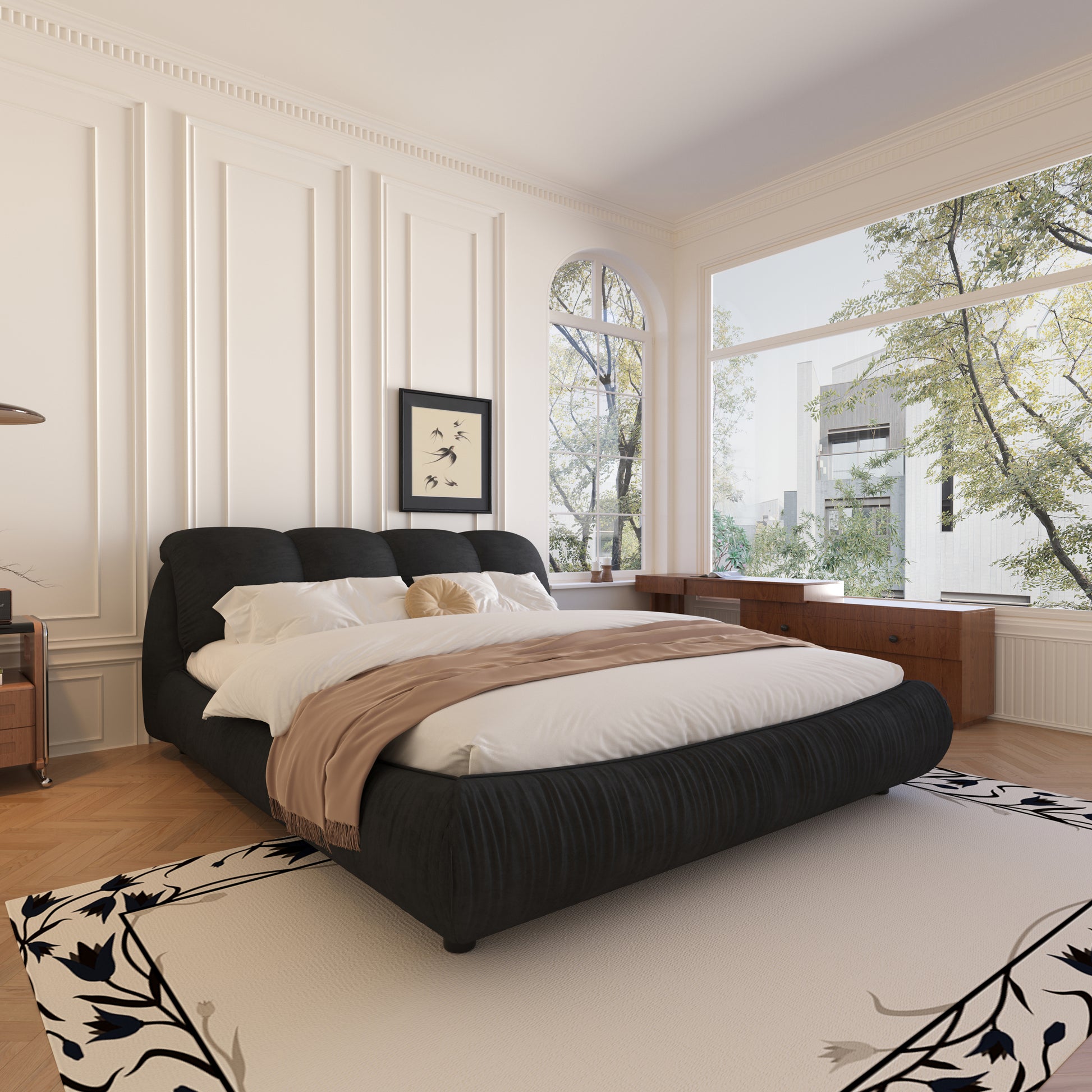 Queen Size Upholstered Platform Bed With Oversized Padded Backrest, Thickening Pinewooden Slats And Solid Wood Leg,Black Box Spring Not Required Queen Black Wood Pine Solid Wood