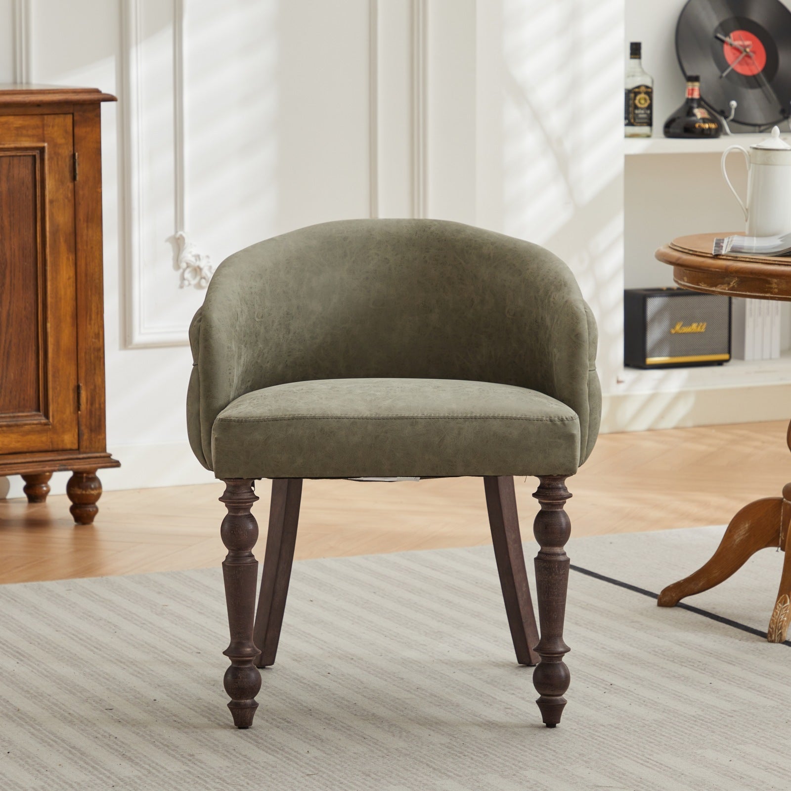 Hand Pulled Buckle Decoration Pu Dining Chair,Accent Leisure Chair, Mid Century Modern Arm Chair With Solid Wood Armrests And Legs, 1 Seat Cushioned Sofa For Living Room Bedroom,Olive Green Color Olive Green Primary Living Space American Design