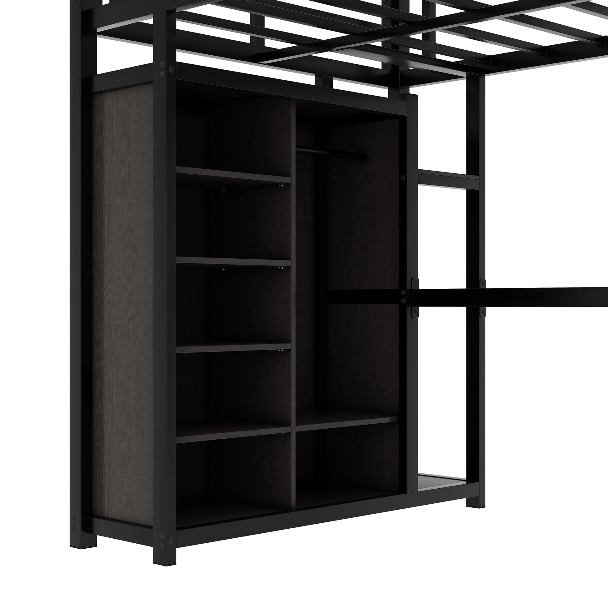 Metal Full Size Loft Bed With Desk,Shelves,Wardrobe, Black Full Black Metal