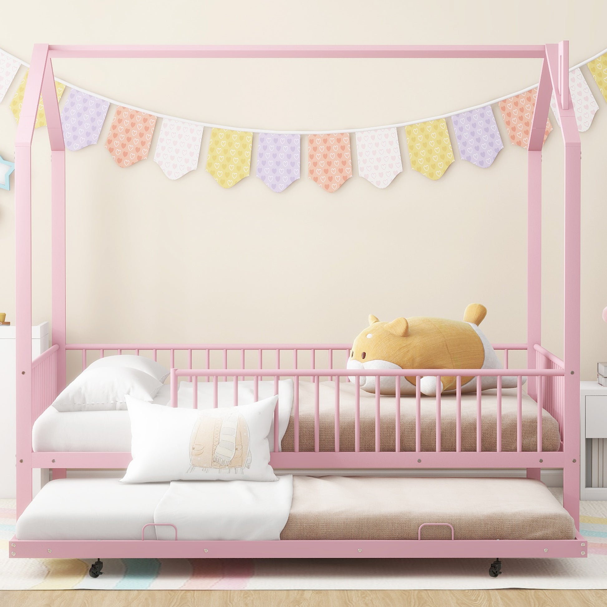 Full Size Metal House Bed With Fence, With Trundle, Pink Full Pink Metal