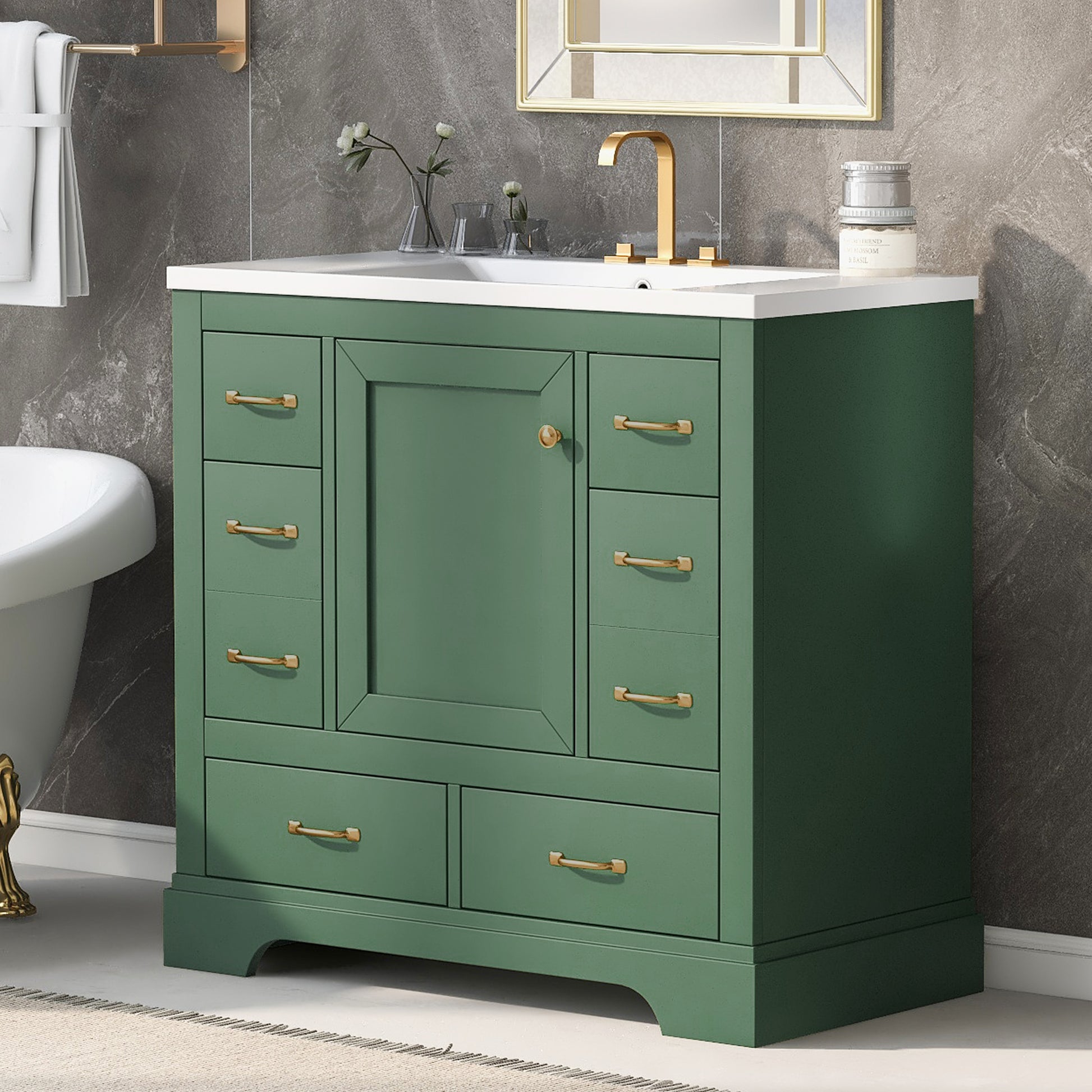 36" Bathroom Vanity With Sink Combo, Six Drawers, Multi Functional Drawer Divider, Adjustable Shelf, Green Green Solid Wood Mdf