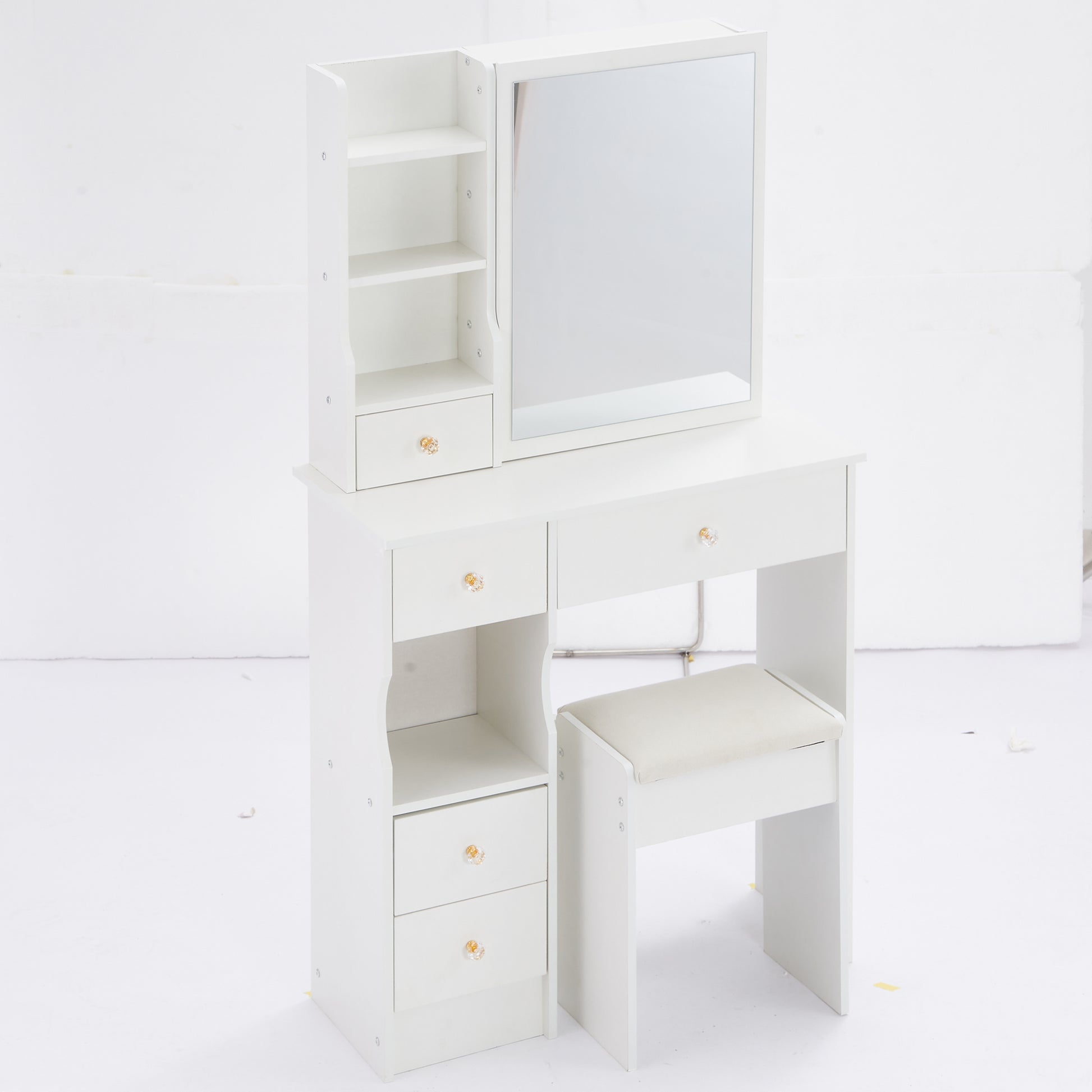 Small Size Left Drawer Desktop Vanity Table Cushioned Stool, Extra Large Sliding Mirror, Multi Layer, High Capacity Storage Fashionable Dresser, Suitable For Small Space, Epa,Gcc,Ul Certificate