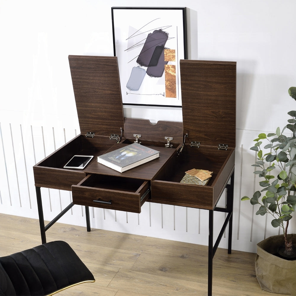 Oak And Black 1 Drawer Writing Desk With Usb Port Oak Writting Desk Office Industrial Rectangular Drawers Wood Metal