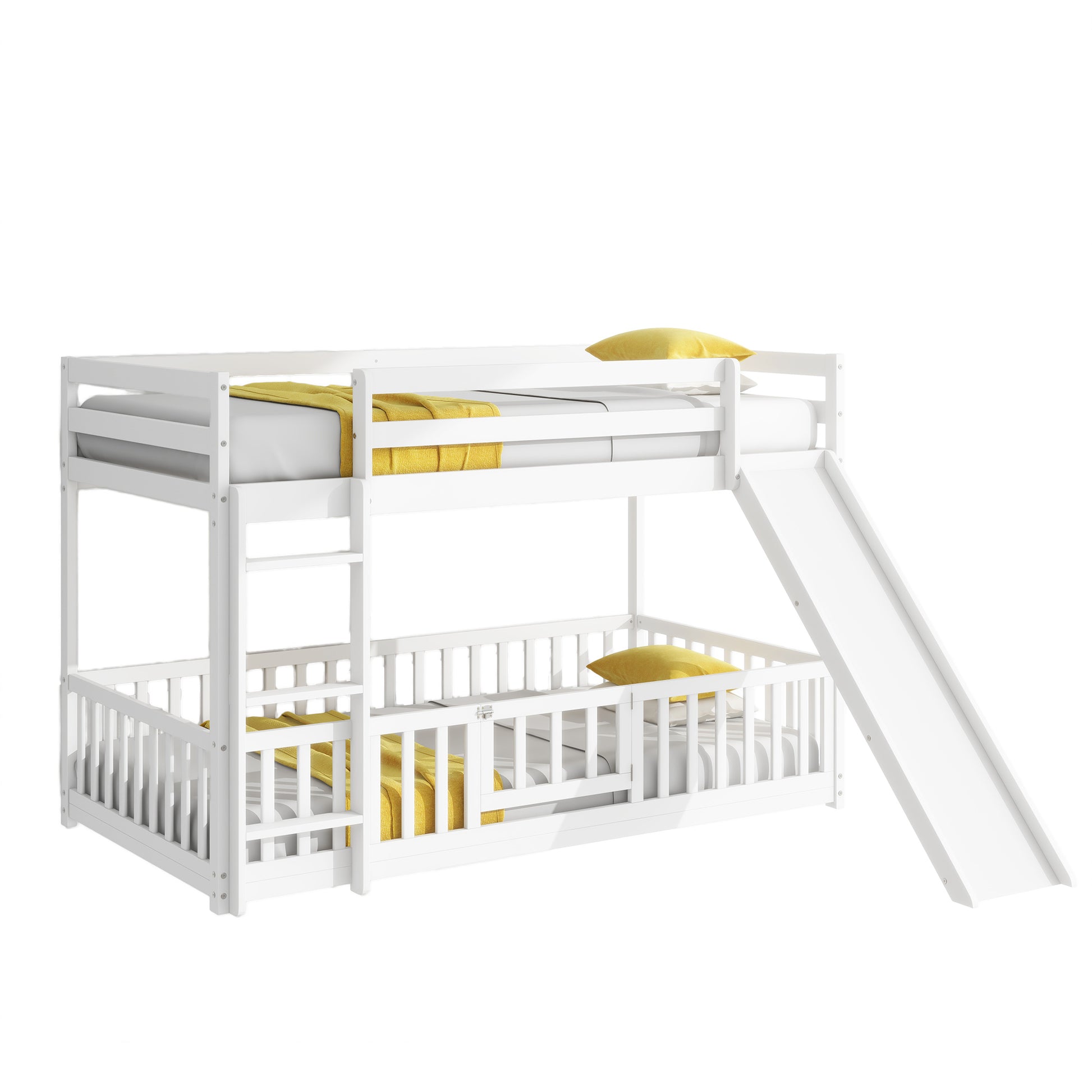 Twin Over Twin Floor Bunk Bed With Slide, Ladder, Door, Safety Guardrails, Solid Pine Wood Bunk Bed ,White Twin White Pine
