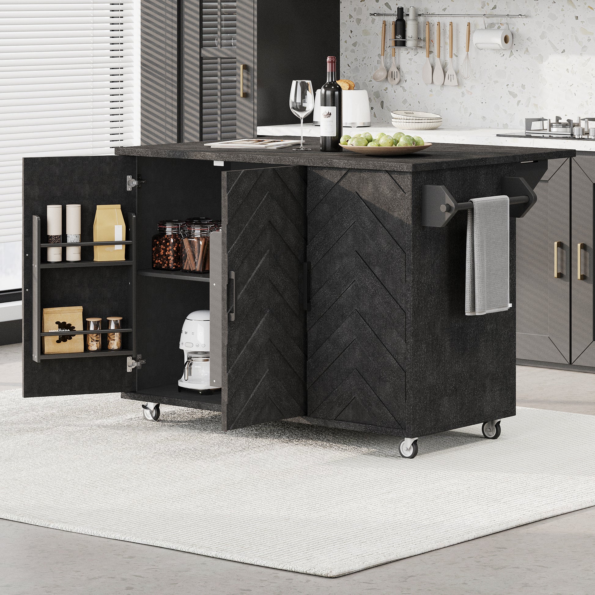 K&K 51.2"W 3D Wave Stripes Ash Veneer Not Cheap Paper Kitchen Island With Drop Leaf, Farmhouse Kitchen Island On Wheels With Internal Storage Rack, Rolling Kitchen Cart Black Black Brown Kitchen