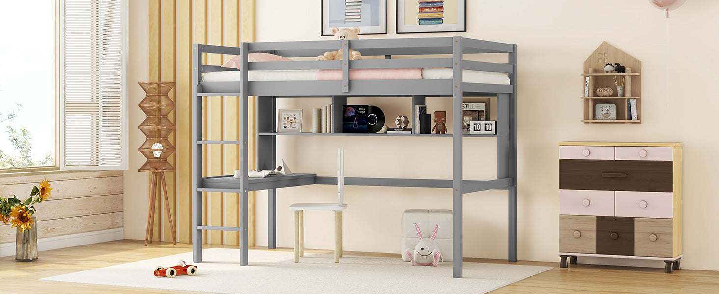 Twin Loft Bed With Built In Desk And Bookcase Of Three Compartments, Guardrails And Ladder,Grey Twin Grey Pine