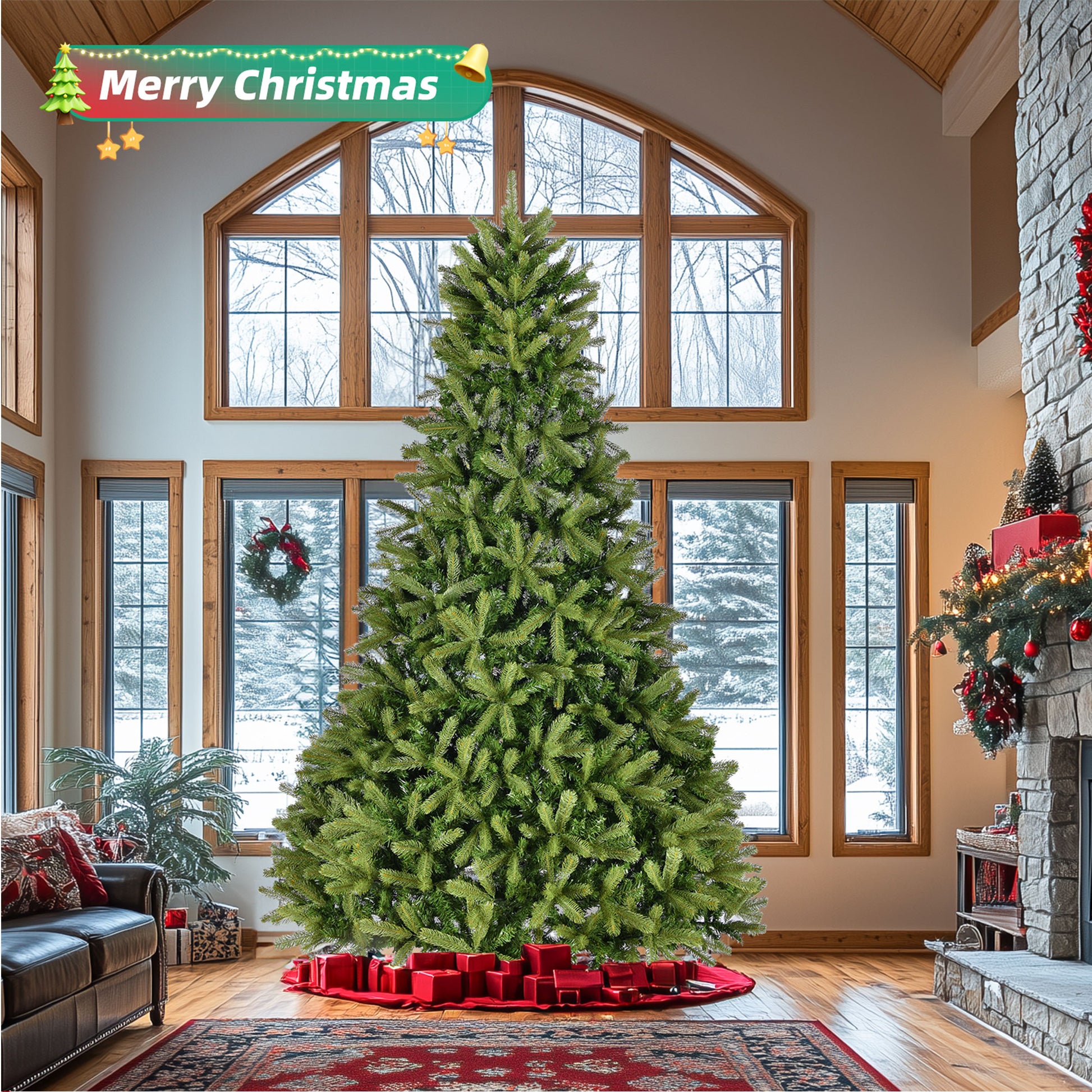 9Ft Artificial Christmas Tree With 2576 Pe&Pvc Mixed Branch Tips, Unlit Hinged Premium Spruce Fake Xmas Trees, Holiday Decoration, Easy Assembly, Foldable Metal Stand, Green Green Pvc