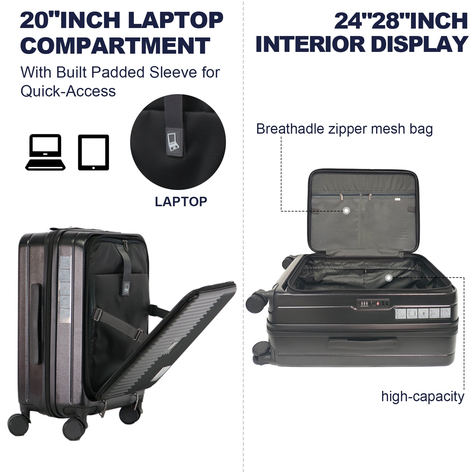 Luggage,With Front Opening,Tsa Approved Lock,Hardshell Suitcase,Grey Cement Grey Abs Pc