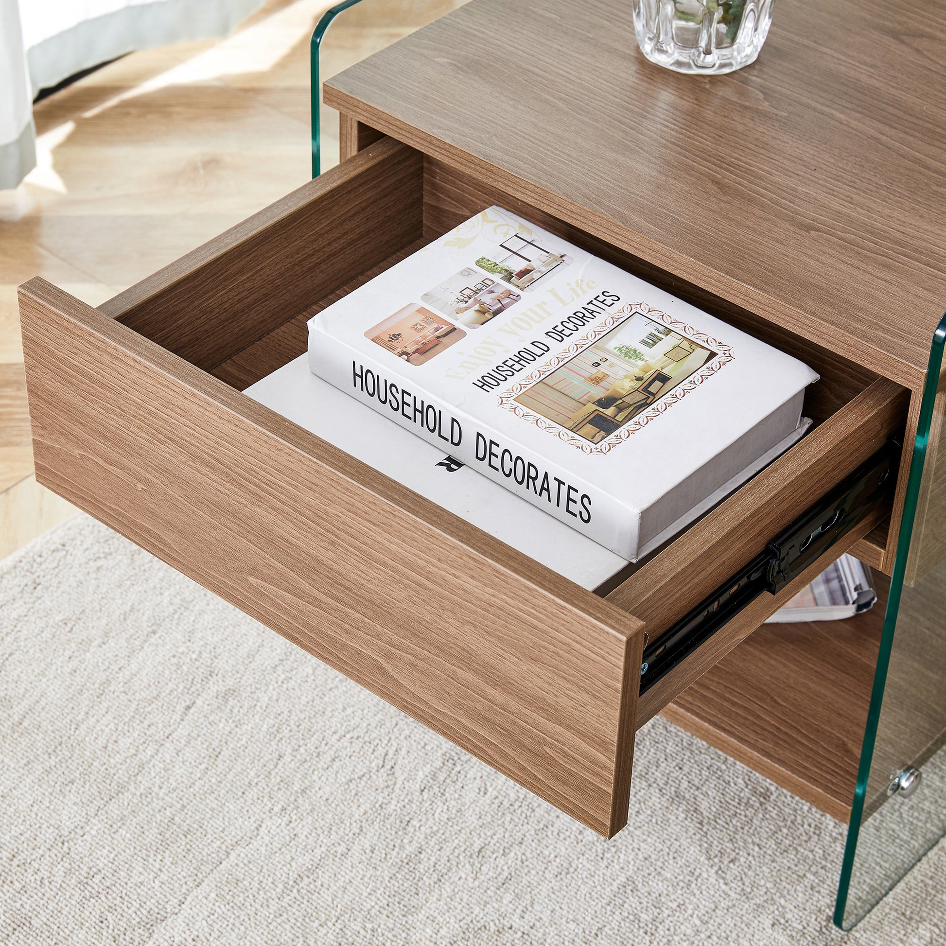 Bedside Table With Drawers. The Board Surface Is Mdf Sticker, And Both Sides Are Transparent Tempered Glass. The Design Is Simple And Elegant, With Excellent Storage Functions. Wood 1 Drawer Mdf Glass