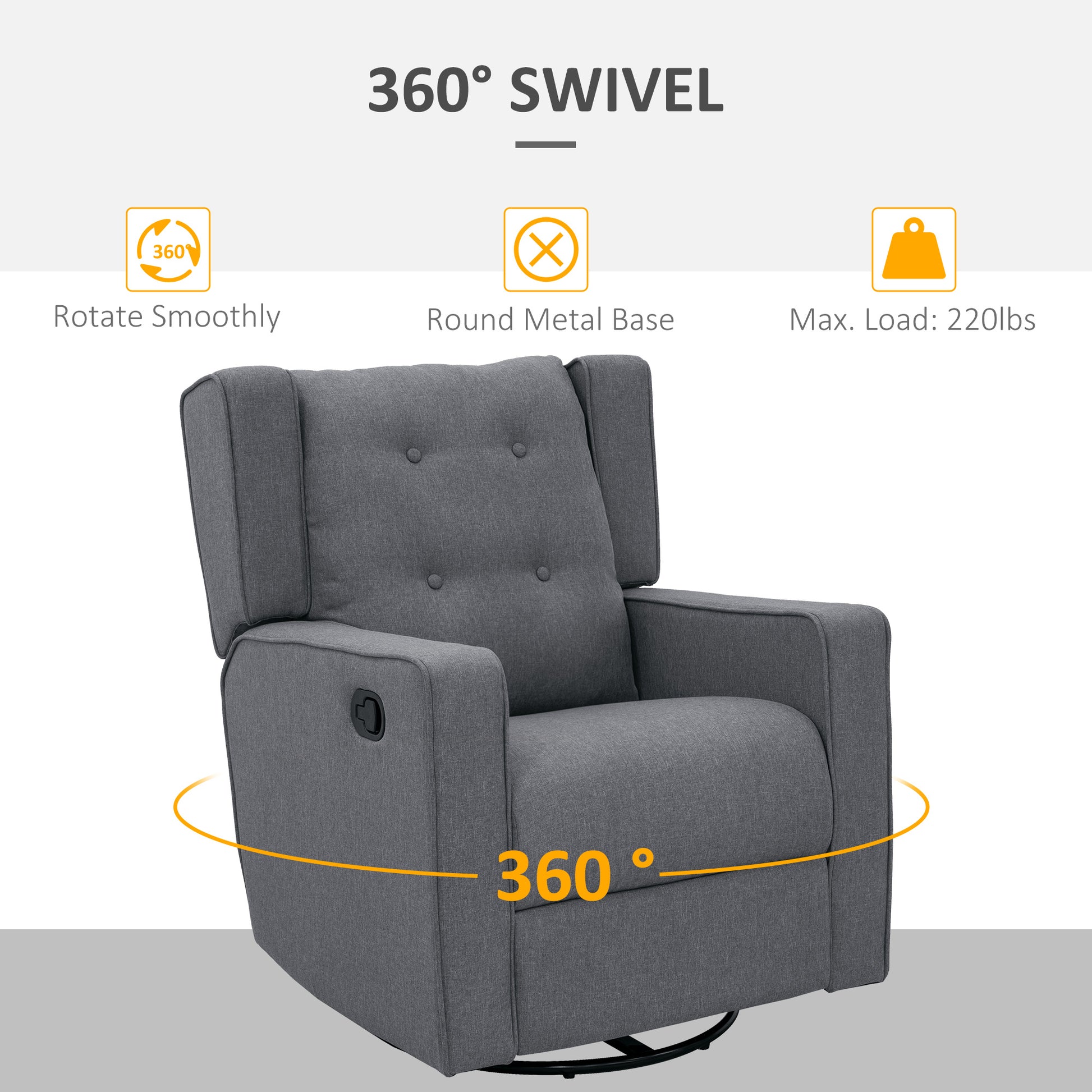 Homcom Wingback Swivel Recliner Chair Glider Rocking Chair For Nursery With Button Tufted, Padded Single Home Theater Seater For Living Room Bedroom, Grey Grey Linen