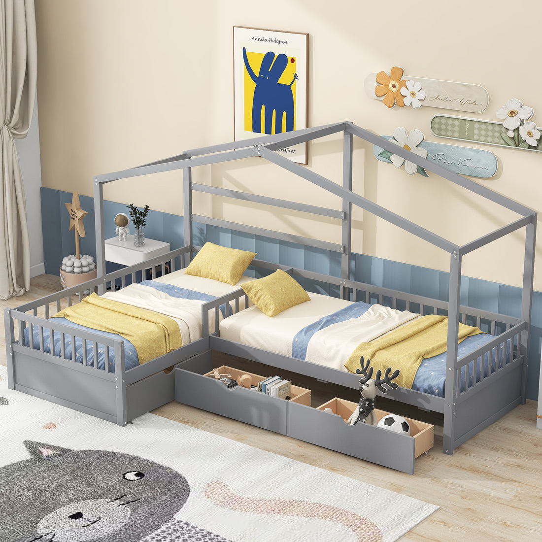 Twin Size House Platform Bed With Three Storage Drawers,Gray Box Spring Not Required Twin Gray Wood Bedroom Pine