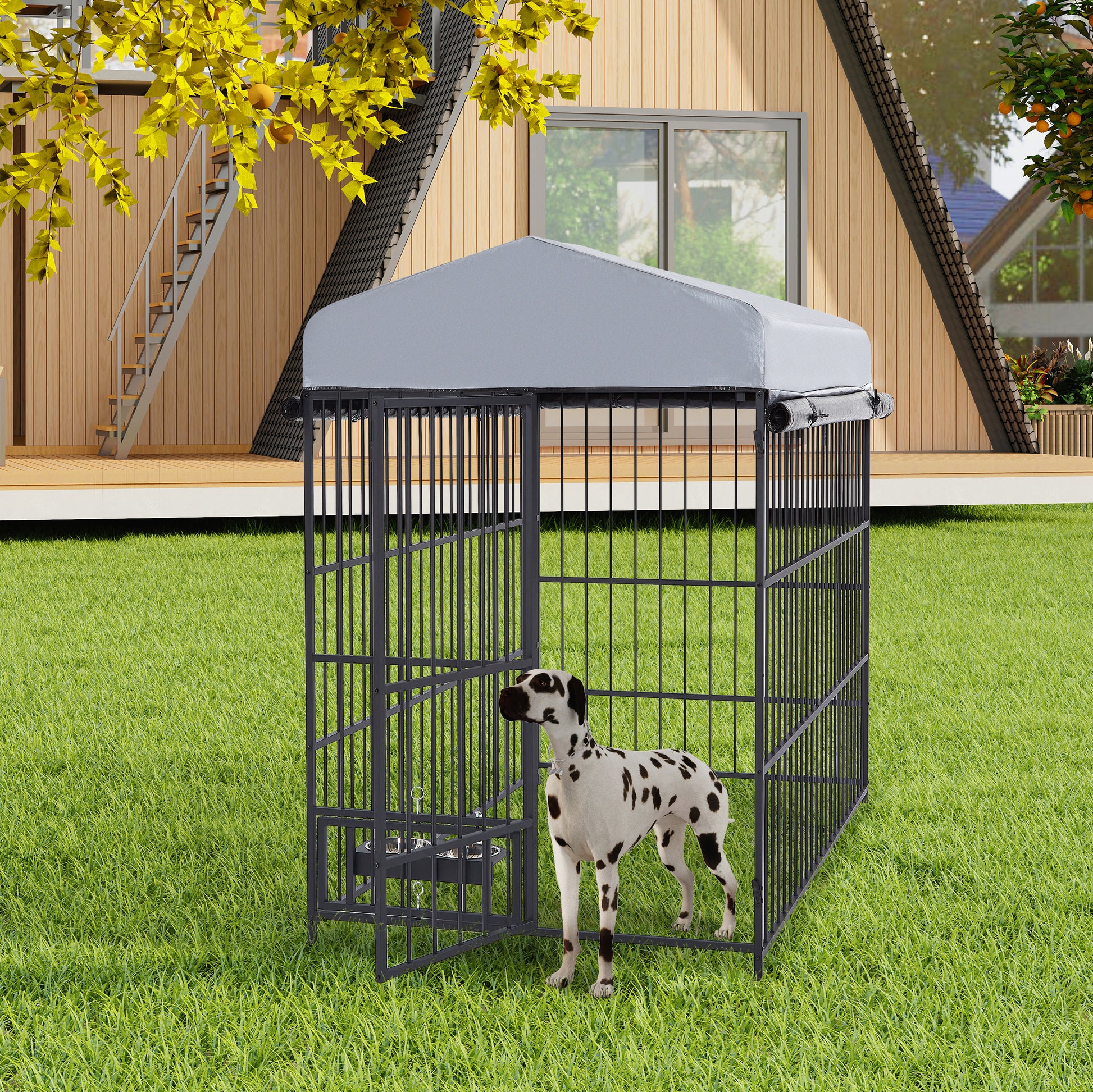 Large Dog Kennel Outdoor Pet Pens Dogs Run Enclosure Animal Hutch Metal Coop Fence With Roof Cover 6.6'L X 3.9'W X 5.9'H Black Iron
