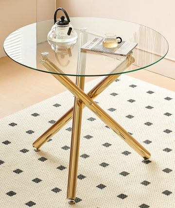 Golden Dining Table With Metal Leg And Glass,Modern Space Saving Kitchen Table For Living Room Golden Glass Metal