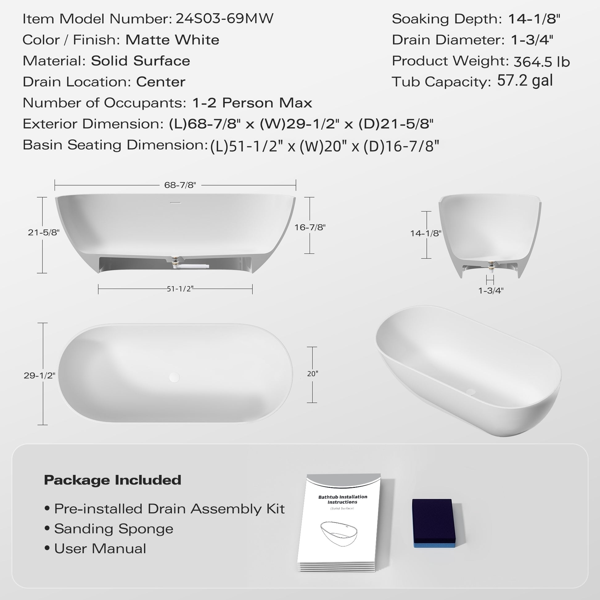 Luxury Handcrafted Stone Resin Freestanding Soaking Bathtub With Overflow In Matte White, Cupc Certified 24S03 69Mw Matte White Bathroom Freestanding Tubs Soaking Center Solid Surface