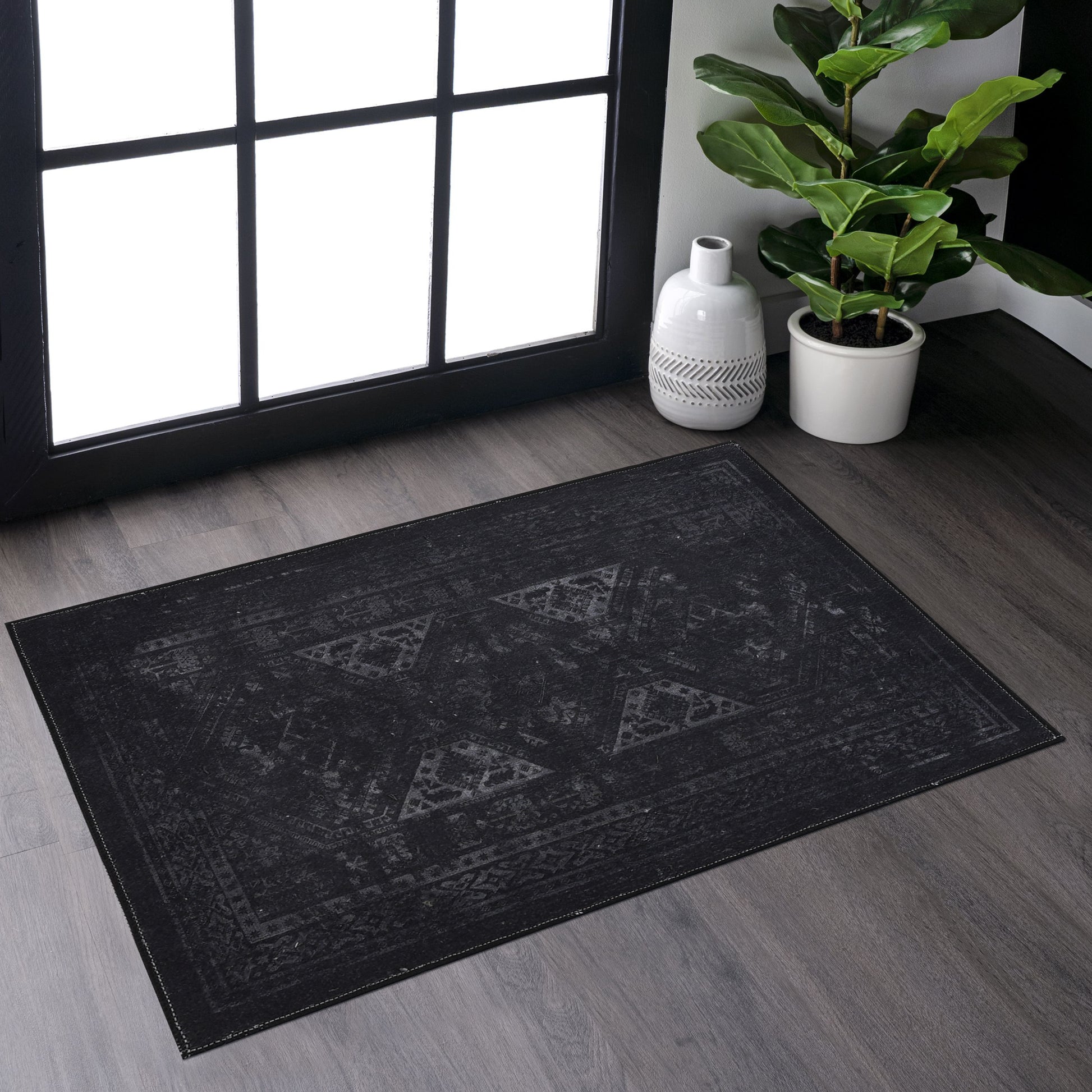 Naar 2X3, Machine Washable Area Rugs, Low Pile, Non Slip, Non Shedding, Foldable, Kid & Pet Friendly Area Rugs For Living Room, Bedroom, Kitchen, Dining Room Rug Perfect Gift, Black Gray, 2'X3' Black Gray Chenille Polyester