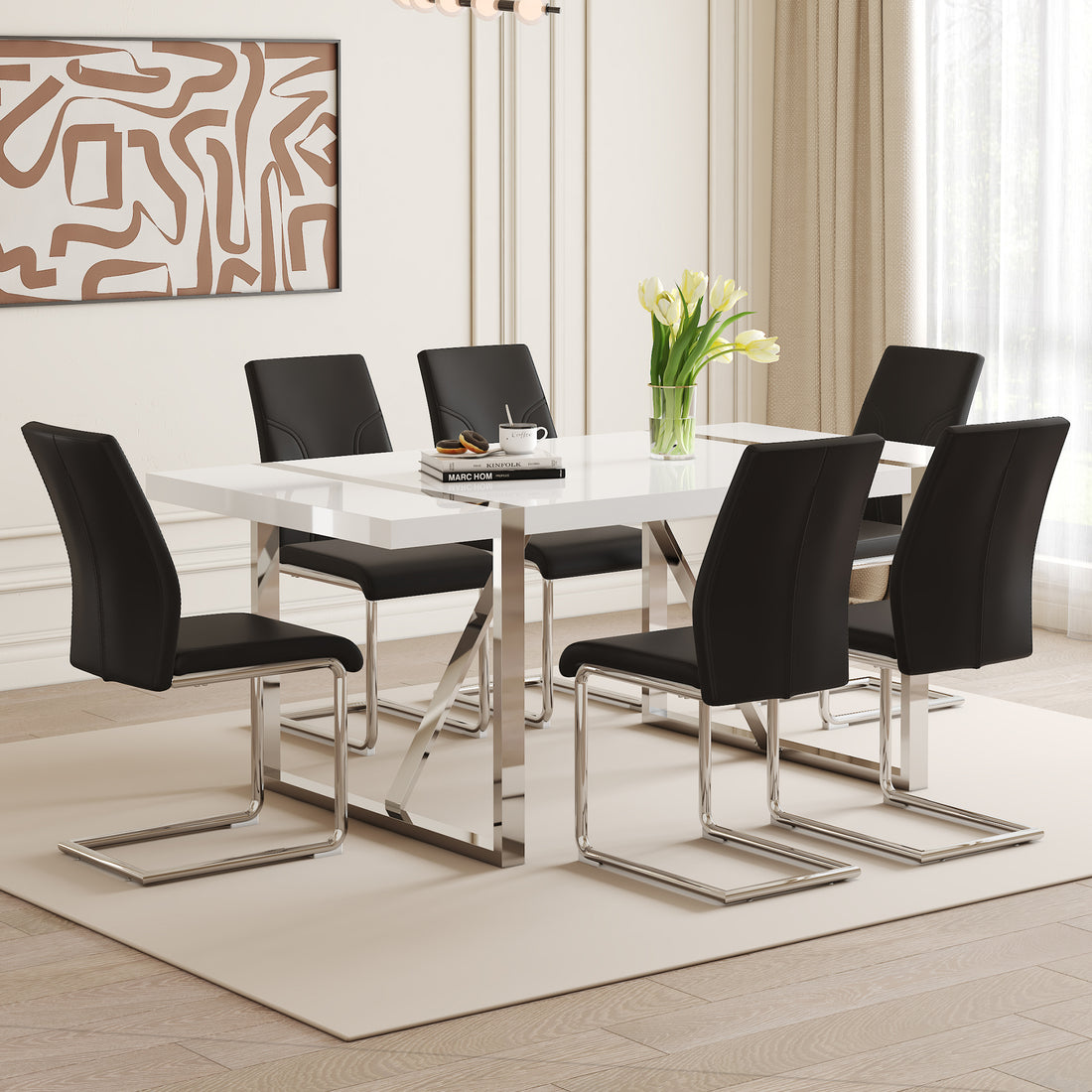 Table And Chair Set.71"X39.3" White Mdf Painting Dining Table Set With 6 Black Pu Chairs.Showcasing A Modern And Stylish Look.Suitable For Dining Room.Mdf Painting,Iron Pipe Plating,Pu Chiairs.